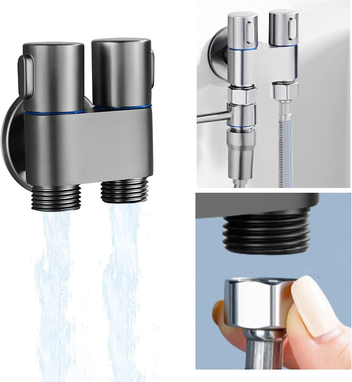 1-In-2-Out Dual Control Valve, 2023 New Double Control Mini Shower, 6.5 Feet Extra Long Hose High Pressure Bathroom Faucet Kit for Bidet and Shower (1 Pcs Grey Dual Control Valve) image number 6