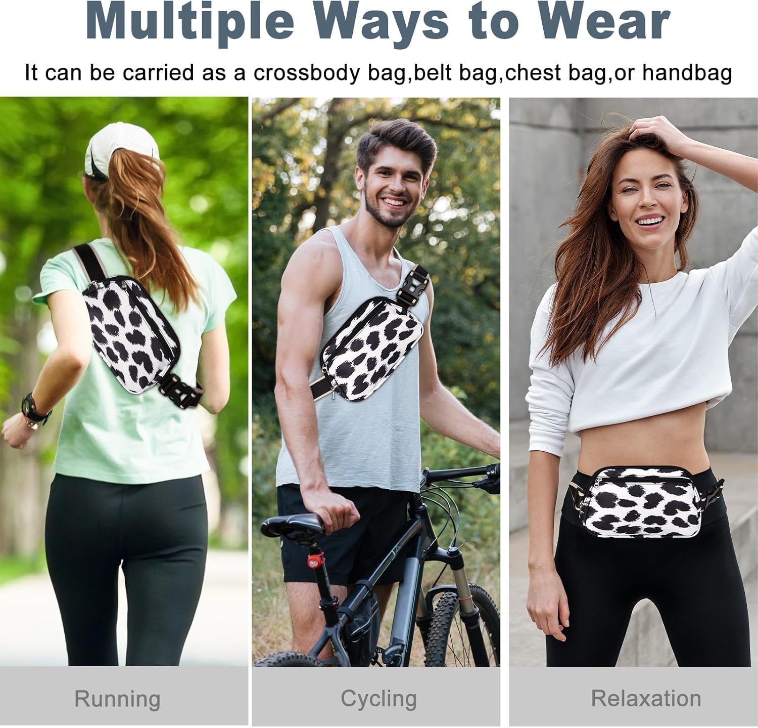 Dmluna Small Crossbody Bags for Women Trendy, Lightweight Fanny Pack for Women & Men, Mini Belt Bag, Waist Bag with Adjustable Strap for Running Workout Traveling, Z - Black/White Leopard, Small, image number 2