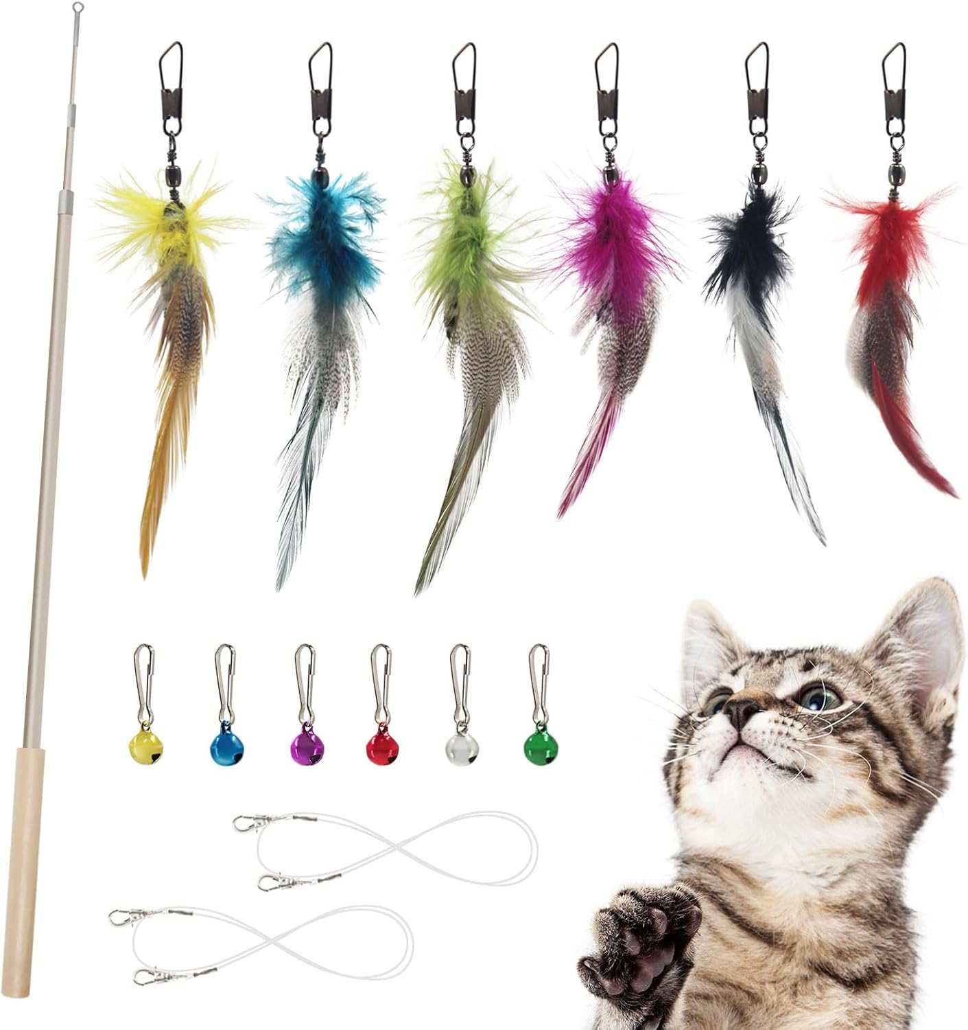 SONGWAY Interactive Cat Feather Toy Set- 6 Pcs Dragonfly Retractable Teaser Wand with Feather Refills with Bell， Cat Feather Toys for Indoor Cats