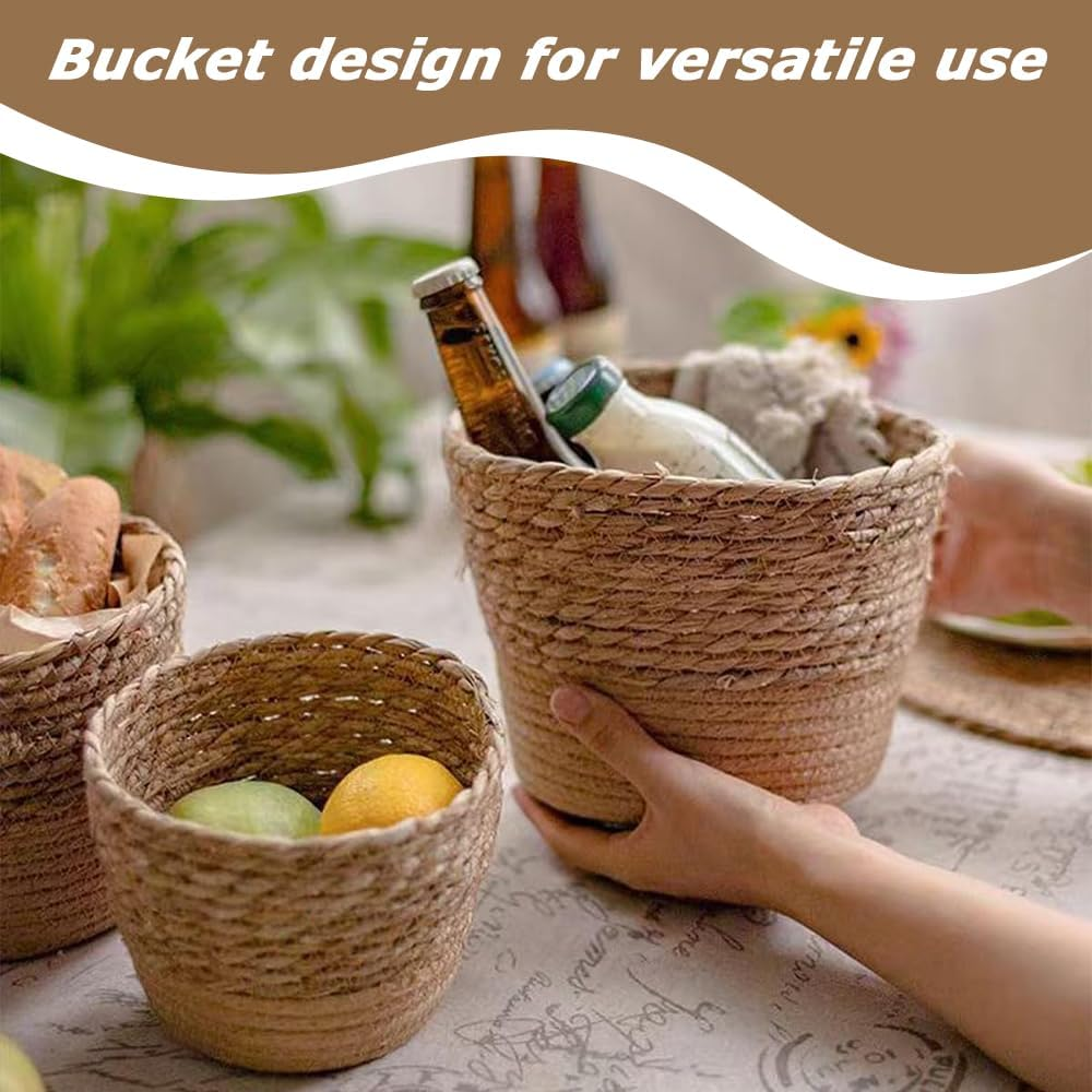 3 Pcs Handwoven Seagrass Planter with Waterproof Layer, Woven Tea Room Storage Baskets, Multi-Size Plant Pots &Organizer Bins, Rustic Coffee Brown Home Decor, for Living Room, Bedroom, Office image number 6