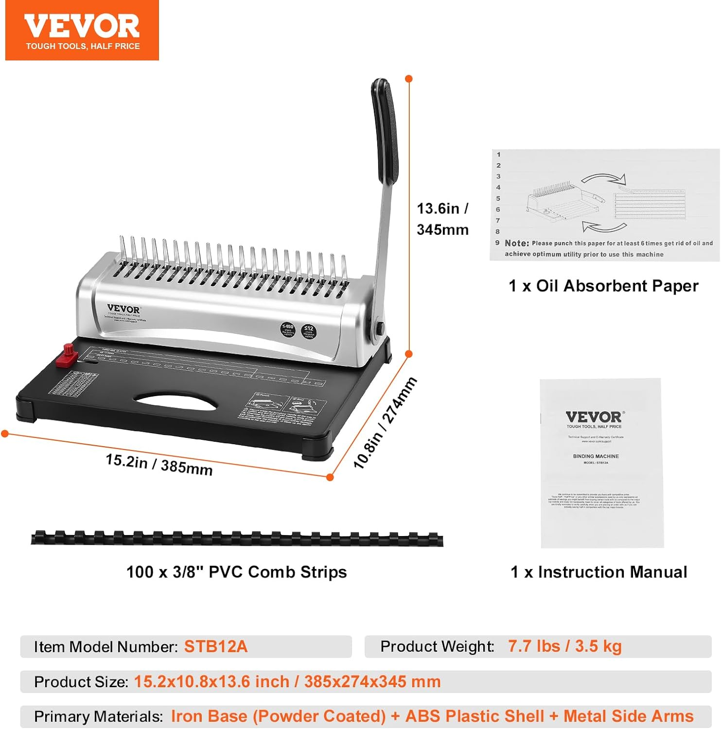 VEVOR Binding Machine, Comb Binding Machine 21-Holes Binding 450 Sheets, Book Binder Machine with 100 PCS 3/8'' Comb Binding Spines, for Letter Size, A4, A5 image number 6
