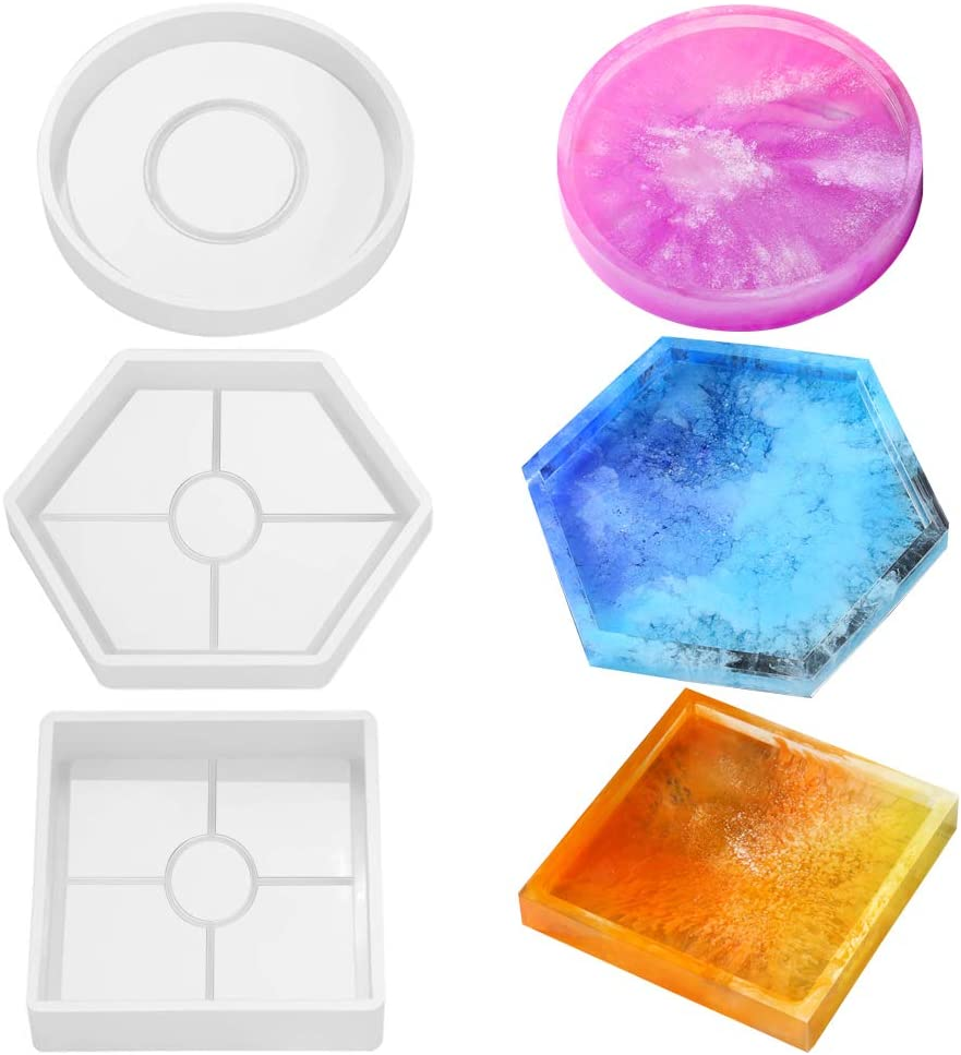 Sourceton Pack of 3 DIY Coaster Silicone Mold, Resin Molds Include Round, Square, Hexagon, Molds for Casting with Resin, Cement.