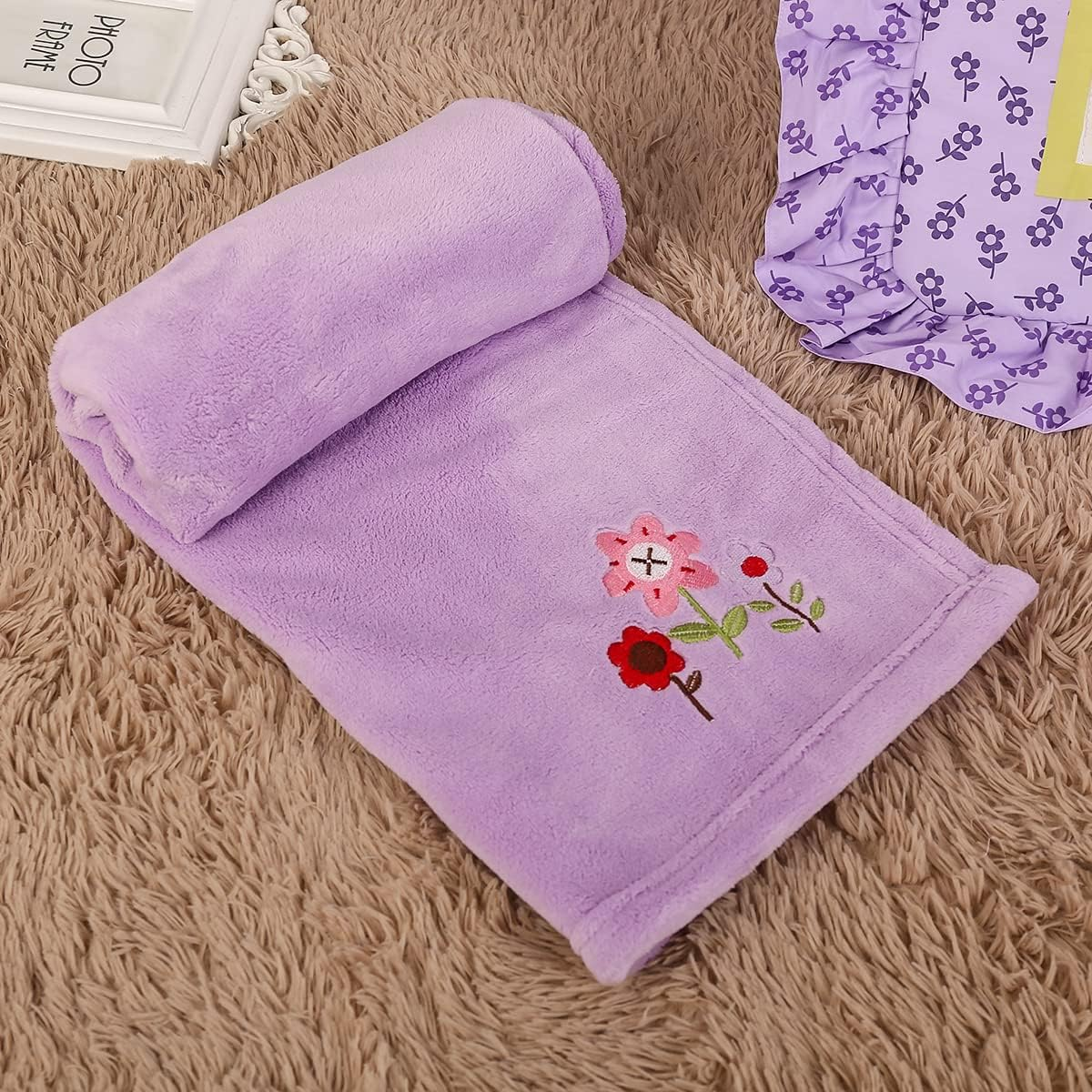 Luxury 4 Piece Butterfly Crib Bedding Set,Purple Crib Set for Baby Girls,Microfiber Printed Nursery Bedding Set with Comforter/Skirt/Crib Sheet/Blanket image number 4