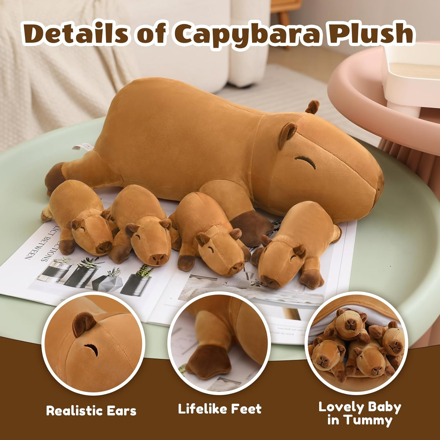 SQEQE Stuffed Capybara Plush - Cute Capybara Stuffed Animals Mommy with 4 Babies Surprise Soft Animal Toy Christmas, Valentine'S, Birthday Gifts Ideal for Boys and Girls image number 3