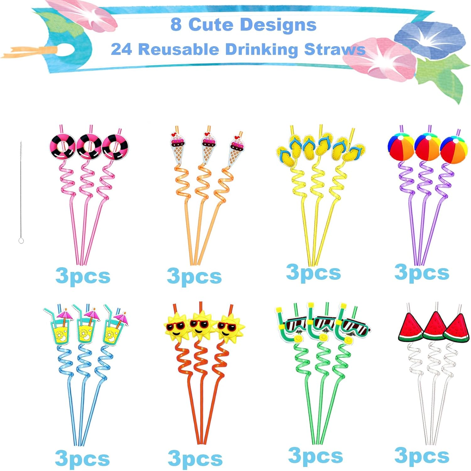 24 Summer Pool Drinking Straws for Kids, Pool Party Decorations Supplies, Pool Party Favors for Kids Birthday, Crazy Silly Straws for Beach Theme Party Decorations (Summer Pool) image number 5
