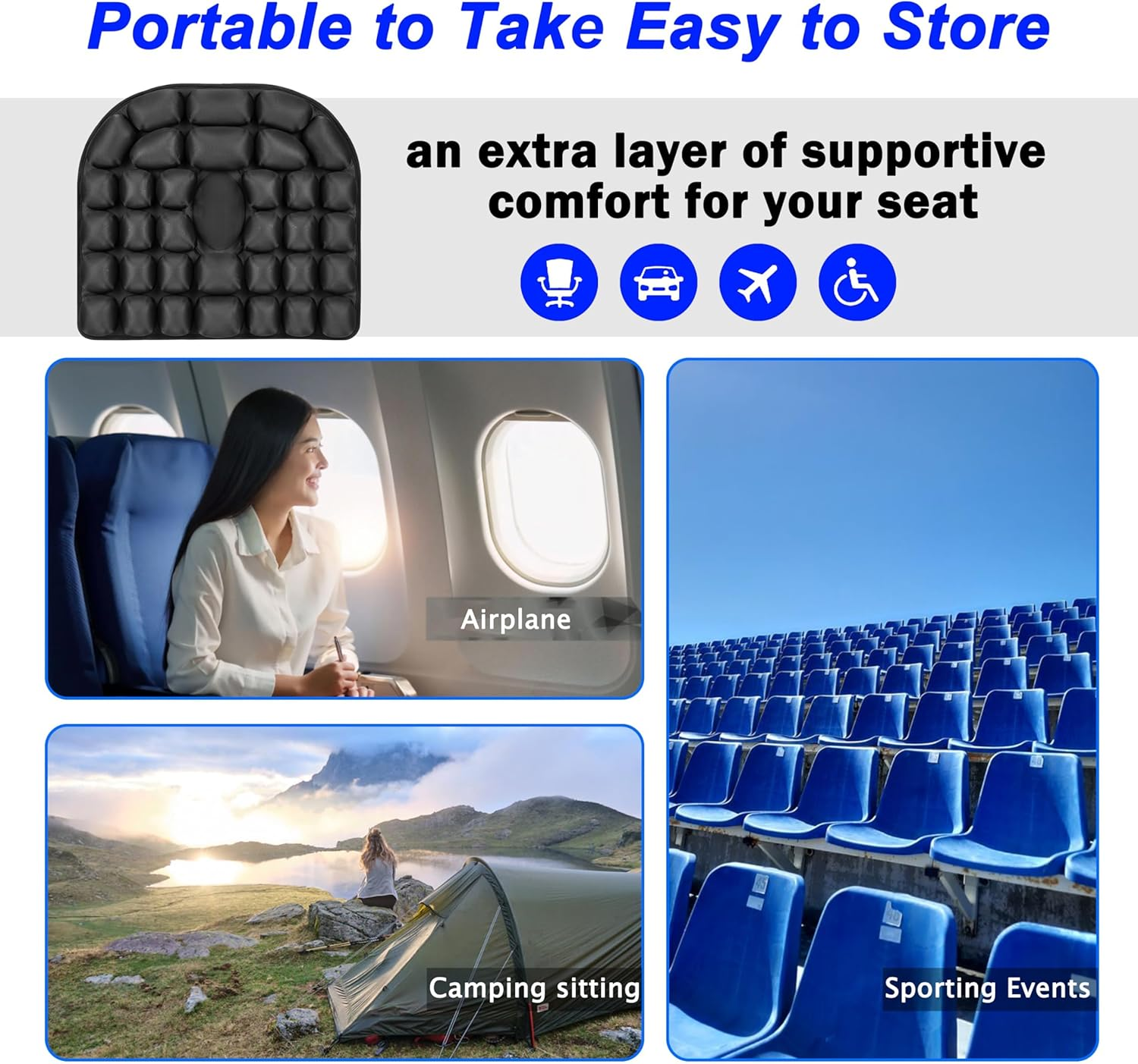Portable Travel Cushion, 3D Air Cell Seat Cushion, Inflatable Seat Cushions, for Pressure Relief, Comfortable Travel for Airplane, Wheelchair, Car Set, Office Chair, Floor (B) image number 3