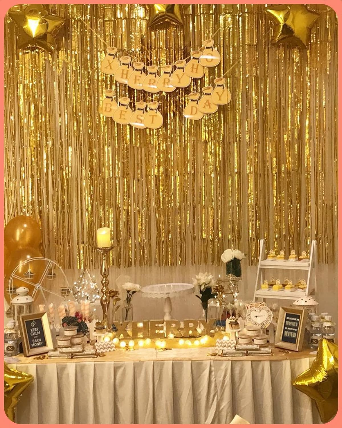 YALLOVE 2 Pack Foil Curtain Backdrop, Pink Metallic Tinsel Foil Fringe Curtains Photo Booth Props for Birthdays Baby Showers Party Decorations image number 3