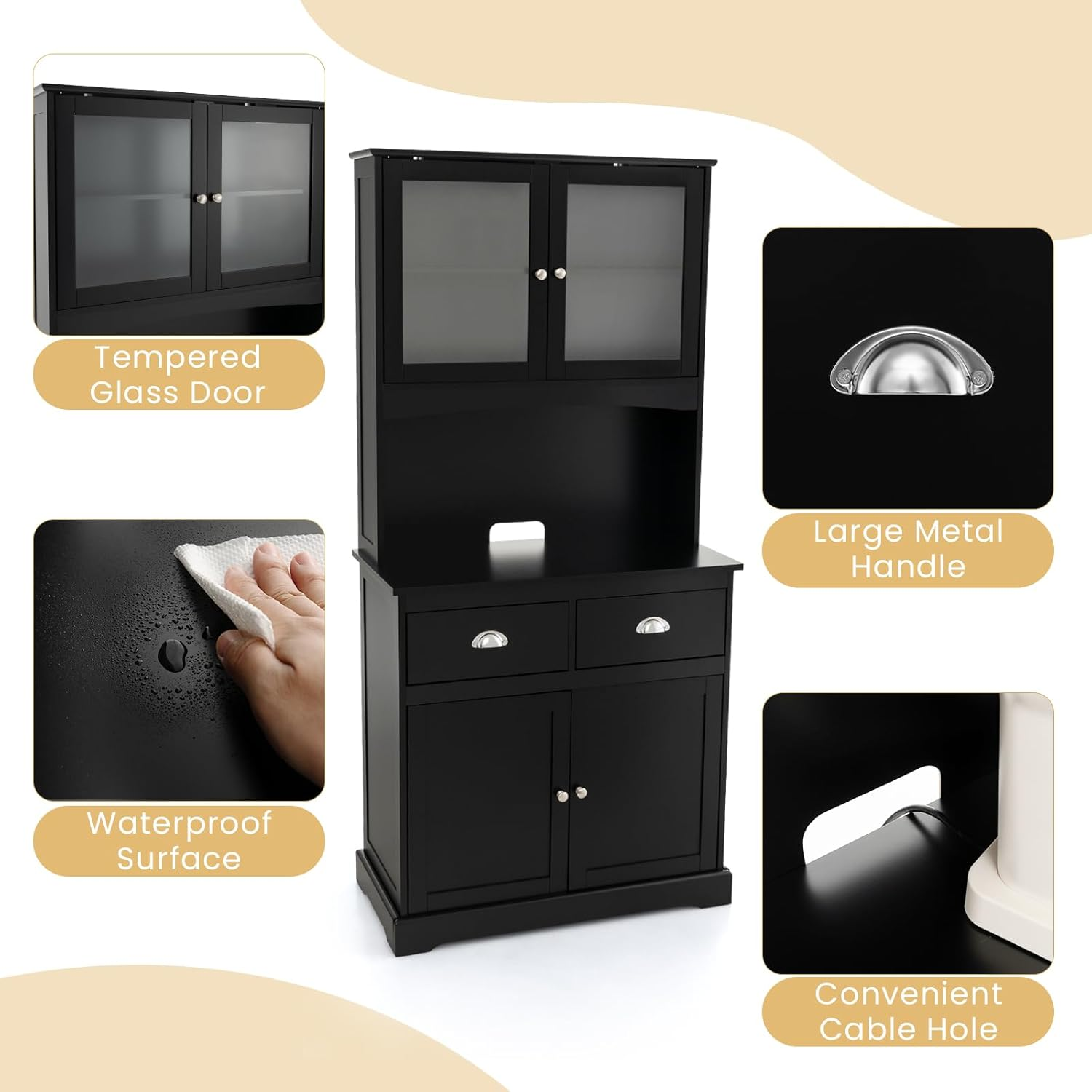 Giantex Kitchen Pantry Buffet Cabinet, Storage Organizer W/Tempered Glass Doors & Double Drawers, Cable Management Hole, Adjustable Shelves & Anti-Toppling System, Cupboard Kitchen Dining Room (Black) image number 3