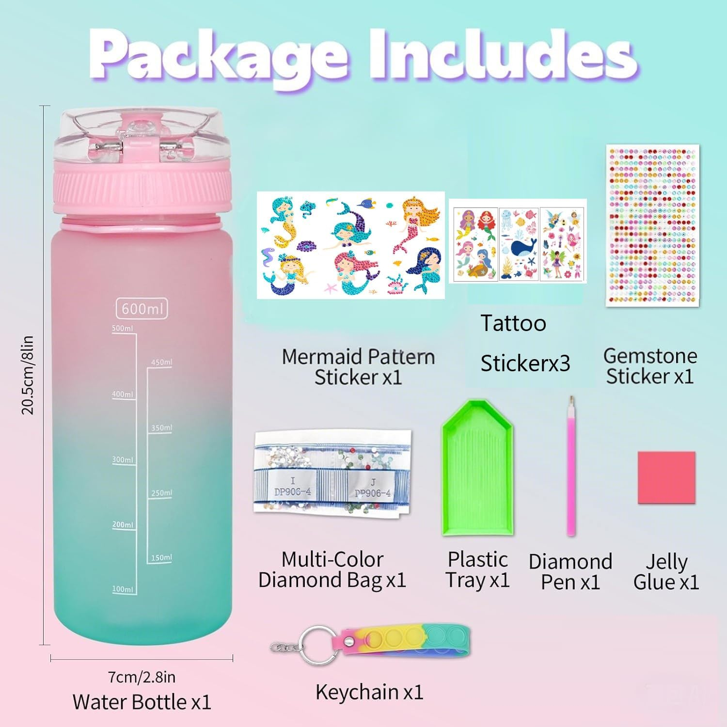 Decorate Your Own Water Bottle Kits with Stickers,Diamond, Mermaid DIY Gem Diamond Painting Crafts, Fun Arts and Crafts, Best Birthday School Gift 4 6 8 10 12 Year Old Girls image number 3