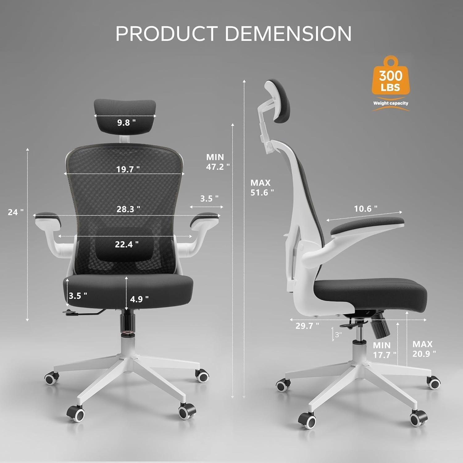 Computer Chair, Ergonomic Office Chair with Flip-Armrest & Cushion for Lumbar Support, Home Office Desk Chairs with Wheels, Adjustable Office Chairs for Study and Work (White Black)