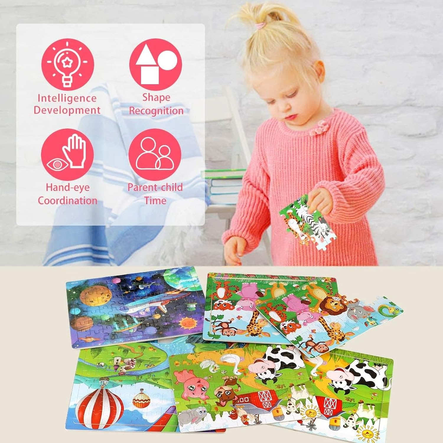 6 Pack 60 Pieces Puzzles for Kids Ages 3-8, Wooden Jigsaw Puzzles Set Preschool Educational Learning Toys for Boys,Girls,Toddlers(Combination 2) image number 2
