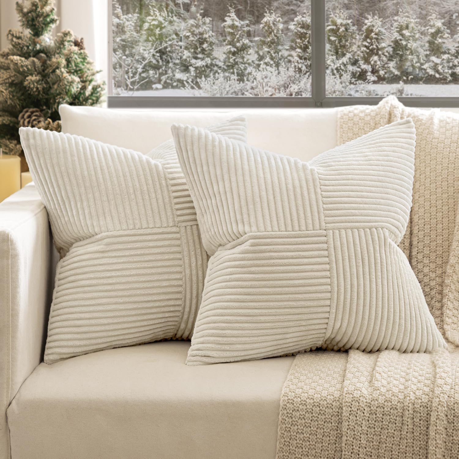 2 Pack Beige Boho Decorative Corduroy Throw Pillow Covers 18X18 Inch Soft Pillow Covers Solid Pillowcases Cross Patchwork Textured Cushion Covers for Living Room Decor Couch Bed Sofa-Yellow