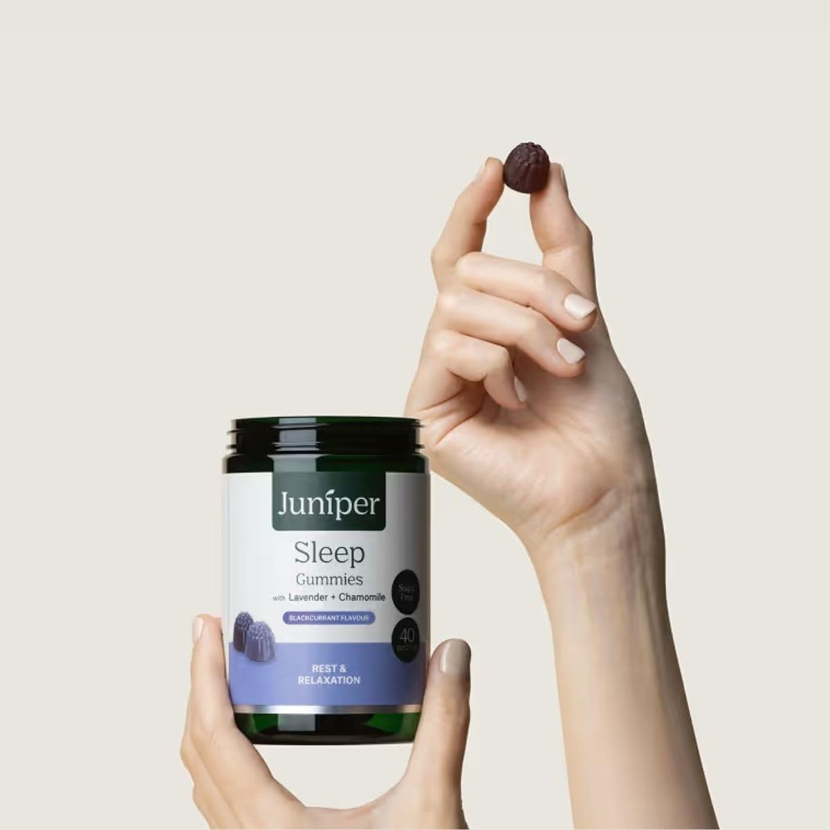 Juniper Sleep Gummies 40G Jar | Vegan Chewable Gummies with Chamomile & Lavender | Sugar Free, Gluten Free, Blackcurrant Flavour image number 1