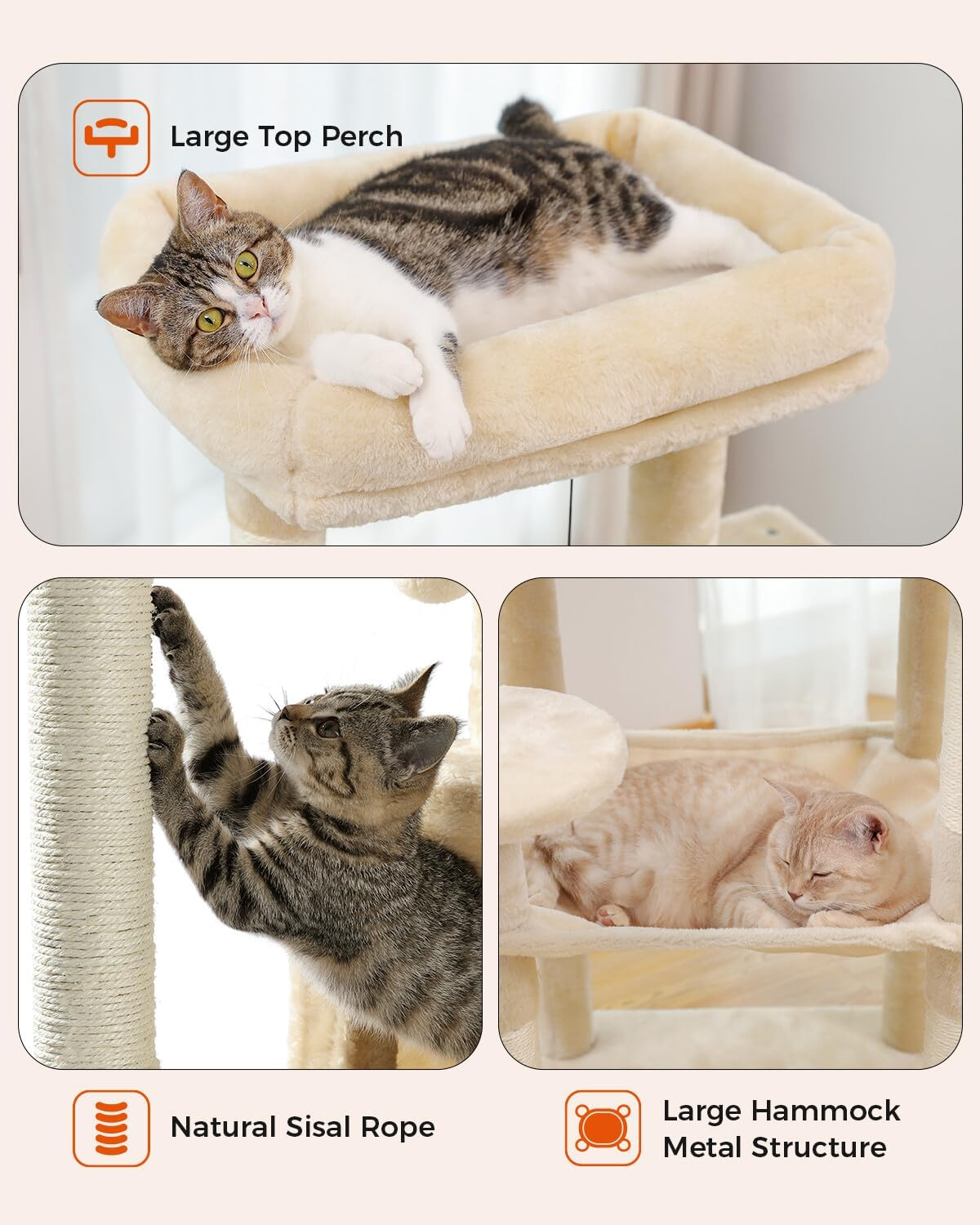 PAWZ Road Cat Tree 143Cm Cat Scratching Post Multi-Level Play Tower with a Large Hammock and Top Perch Home Pet Furniture Beige image number 6