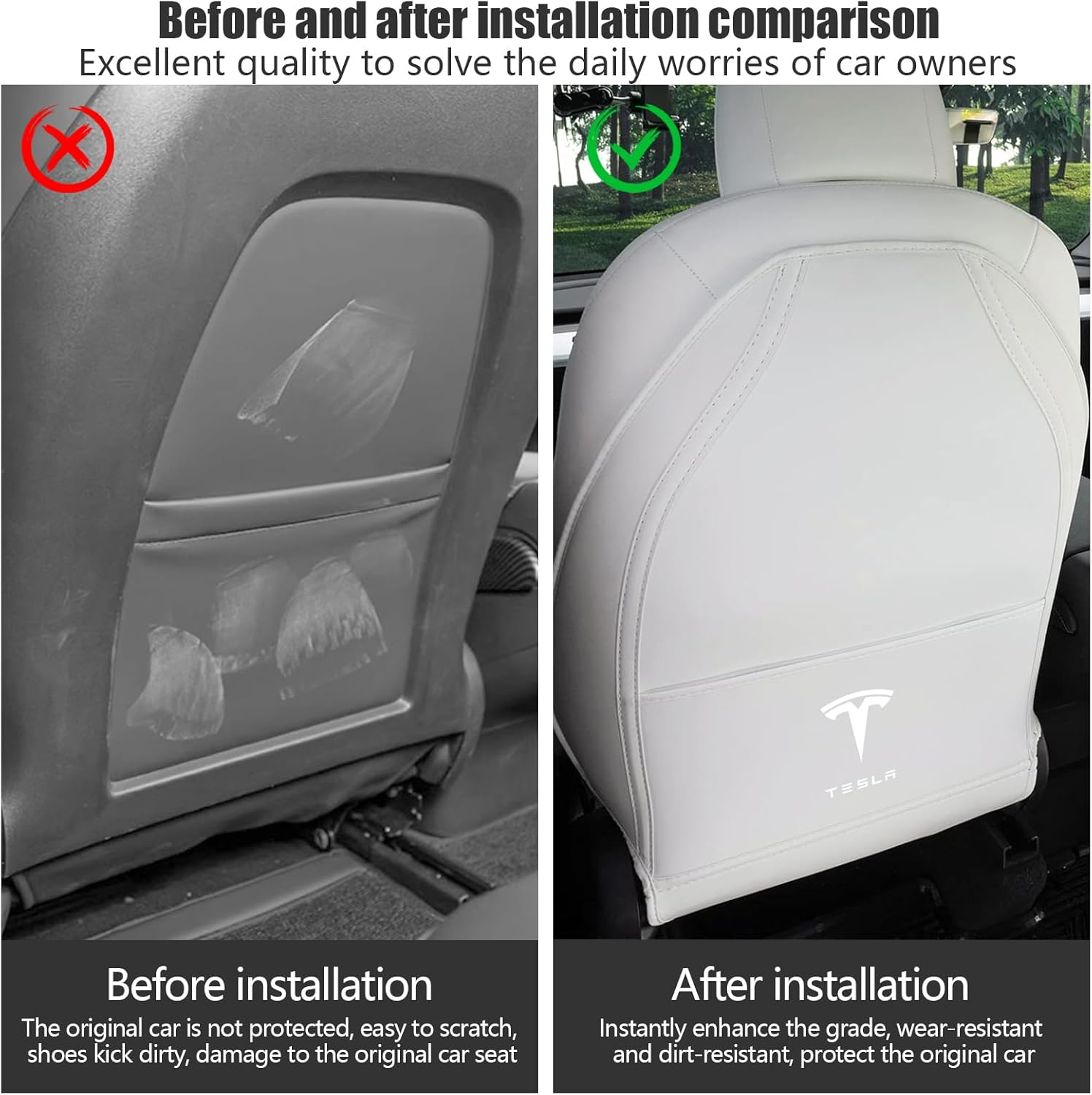 Car Seats Back Cover for Tesla Model 3/Y/S, Leather First Row Seats Back Cover with Pocket, Kick Mats Seat Protector Case, Set of 2, Wear-Resistant, Waterproof, Anti-Fouling - Black-A image number 3