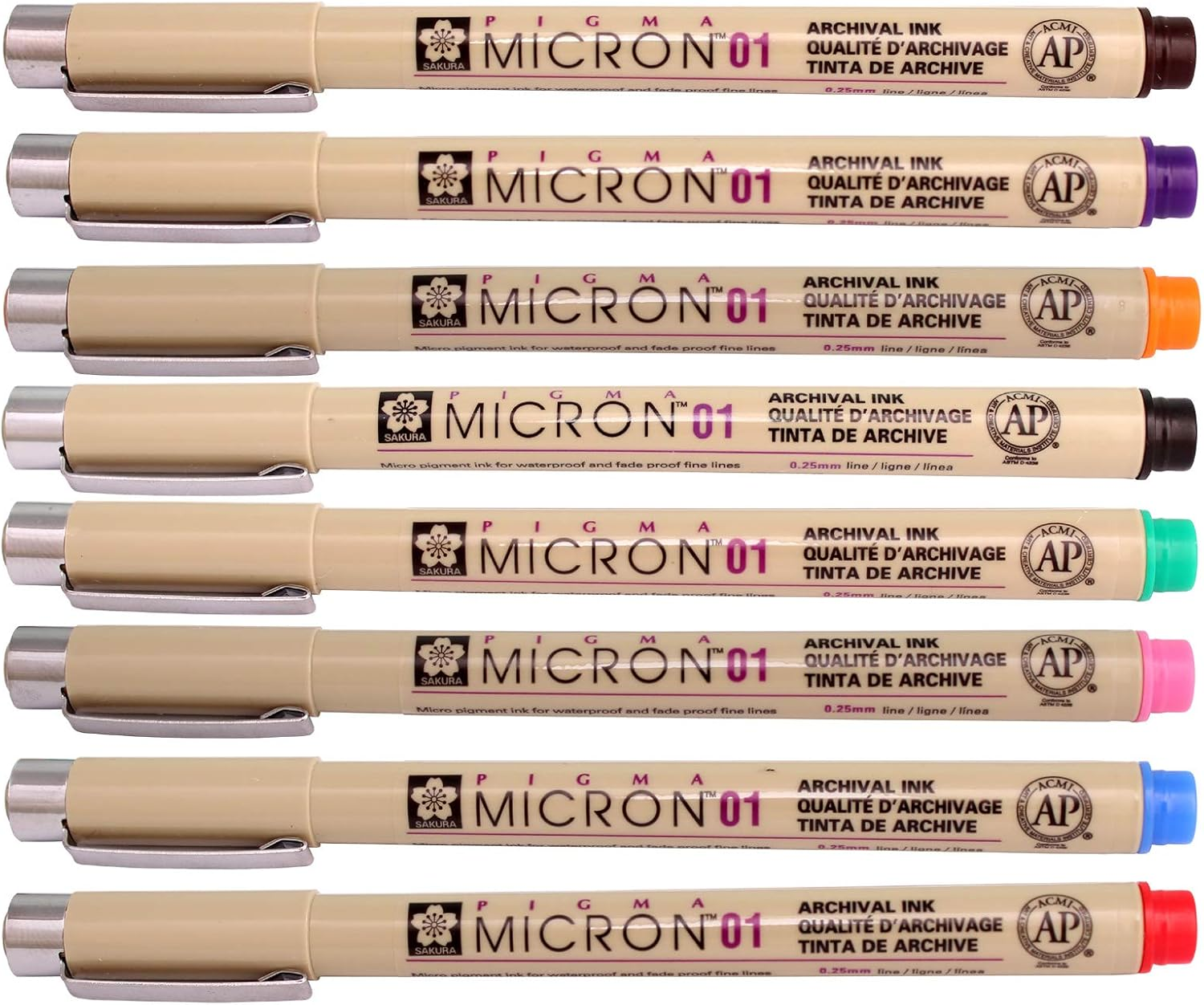 Sakura Pigma Micron Fineliners Pen High Light Soft Head Pen Manga Drawing- Assorted Color 8 Pens (Include Index Tape) 01-Assort Color