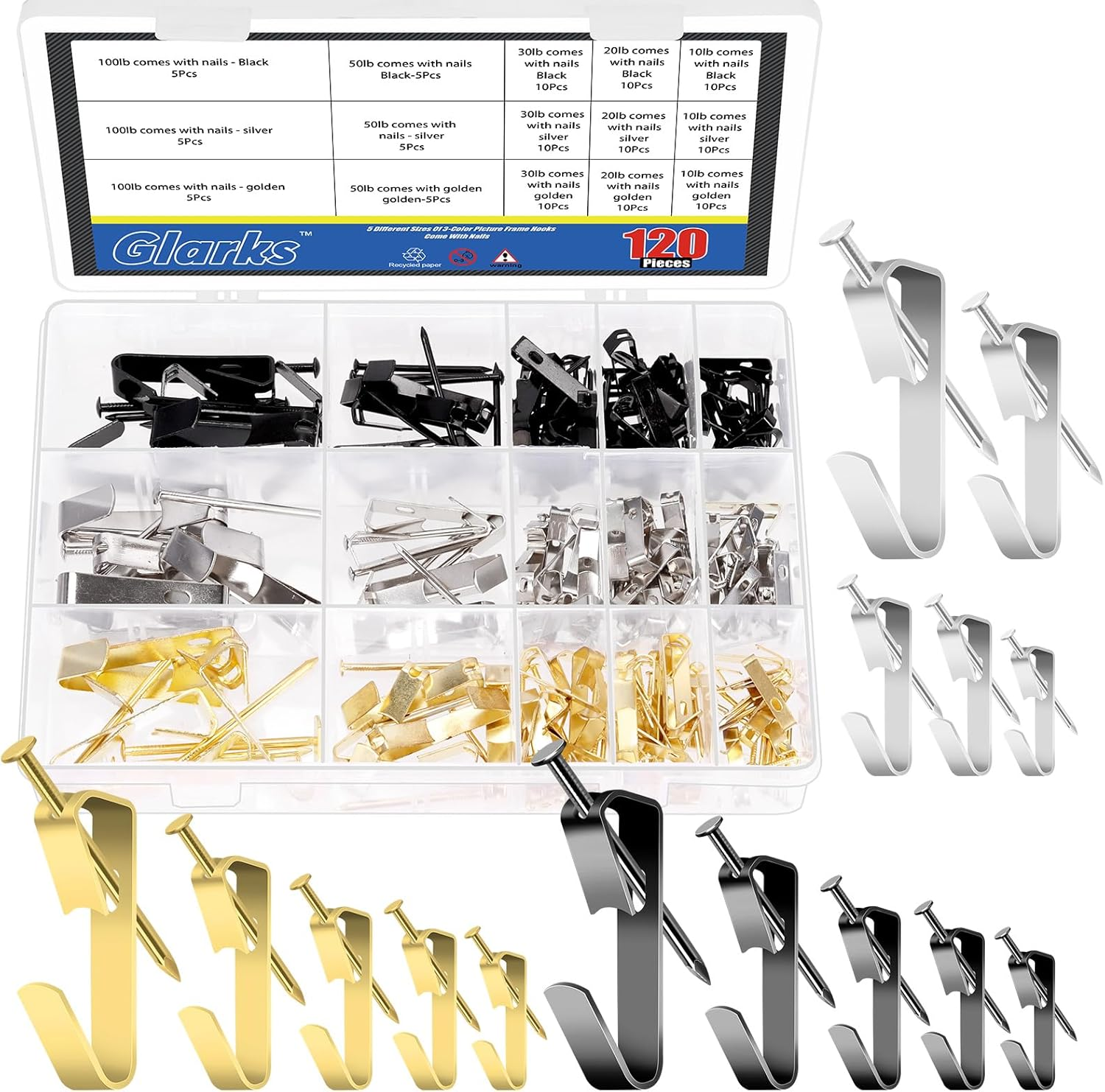 Glarks 120Pcs 10Lb/20Lb/30Lb/50Lb/100Lb Picture Hangers Hooks with Nails Kit, Gold Black Silver Picture Photo Hanging Hooks with Nails, Picture Hanging Kit for Frame, Painting, Art, Photo