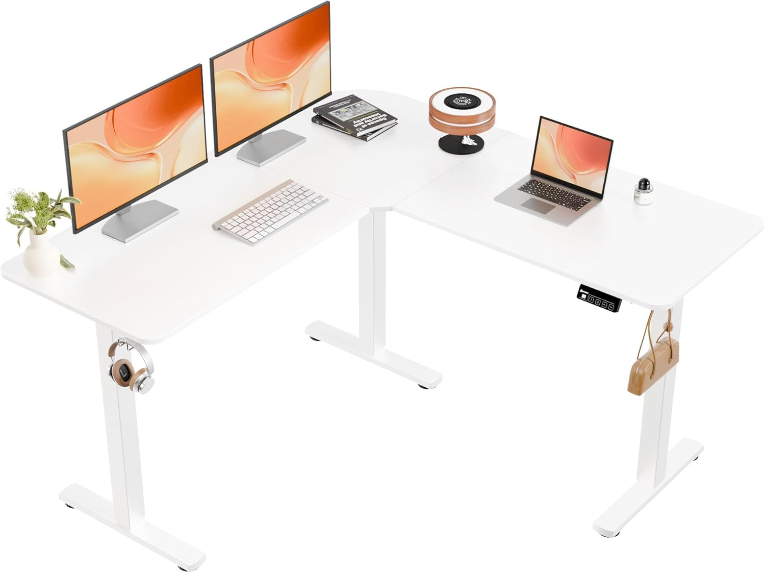 ERGOMAKER Corner Electric Standing Desk, 129 * 50Cm Height Adjustable L Shaped Desk, Stand up Desk with Splice Board, Sit Stand Desk with Memory Smart Handset(White Frame + White Desktop)