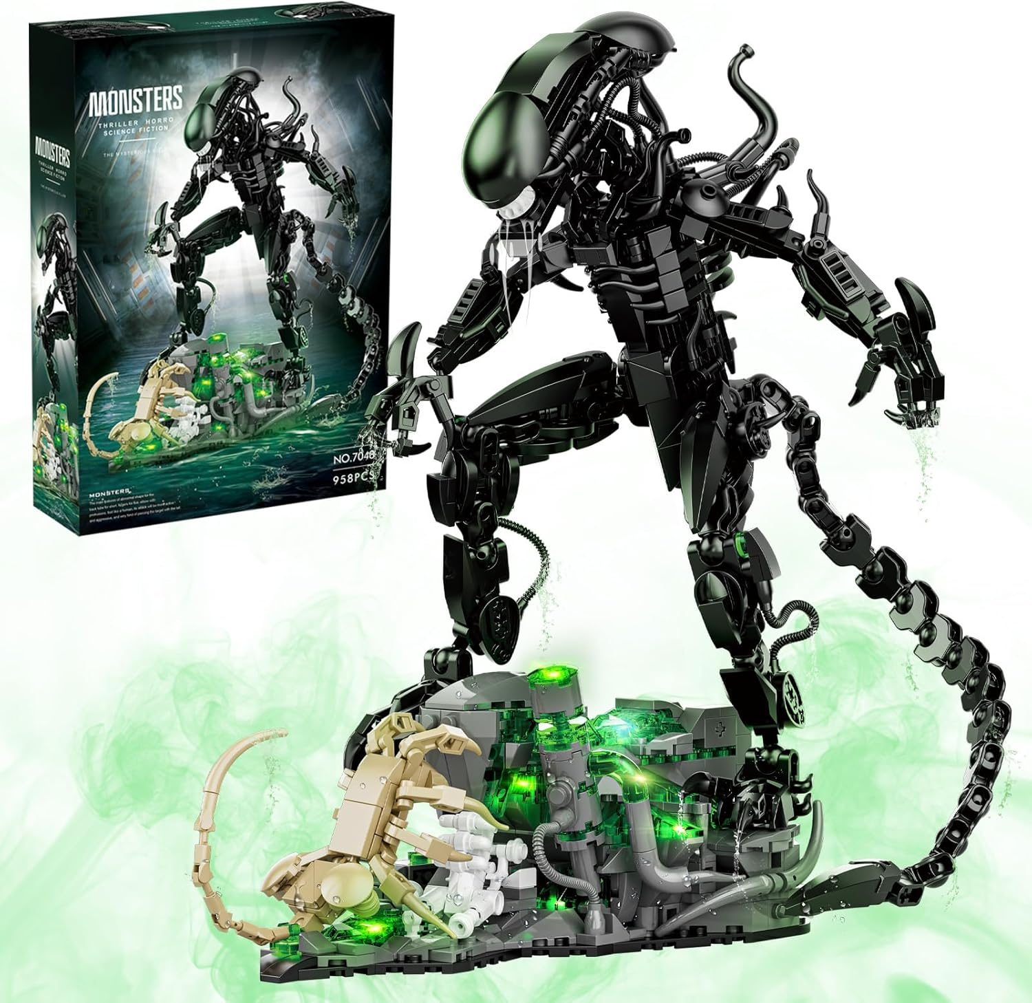 Xenomorph Action Figure with Facehugger Building Kit Compatible with  Sets for Adults, Horror Halloween Toys for Boys 8-12, 14 Years up (958 Pcs, with Led Light) image number 3