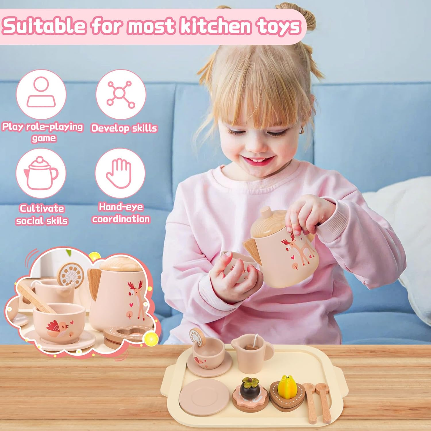 Wooden Tea Party Set for Little Girls, Play Kitchen Accessories for Toddlers Princess Tea Time Party Food Toys for 3 4 5 6 Years Old Gifts