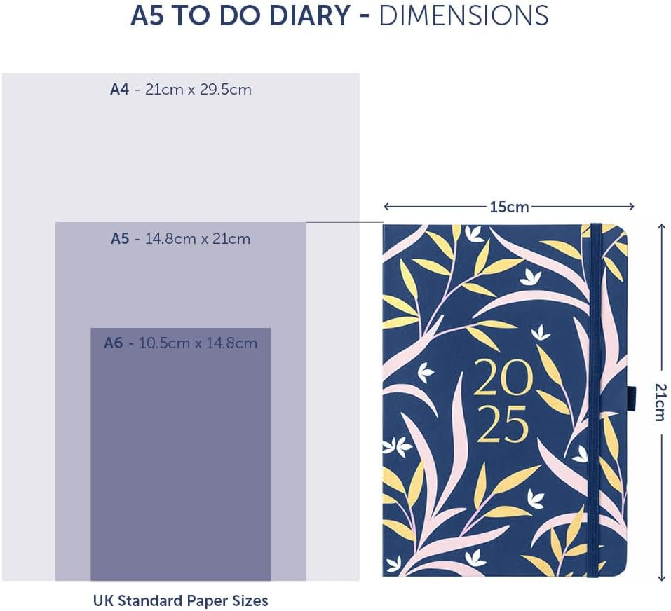 Busy B 2025 Diary - A5 Weekly Planner with To-Do Lists & Notes Pages &ndash; Work, School, Office Navy Floral Journal - Week-To-View Layout, 3 Pockets & Year Planner image number 3