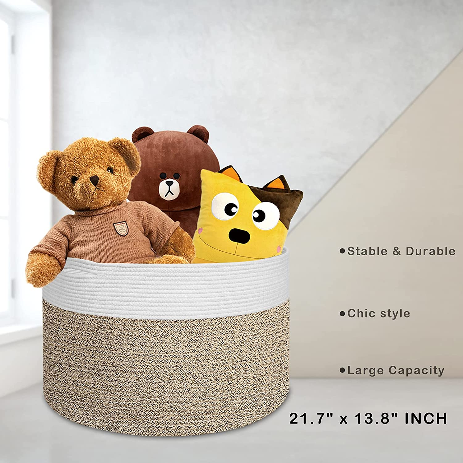 Extra Large 100% Cotton Rope Basket 21.7" &times; 21.7" &times; 13.8", SONPENT Woven Storage Laundry Basket Cotton Basket Pillows Storage Bin with Handle for Living Room Home Decor image number 3