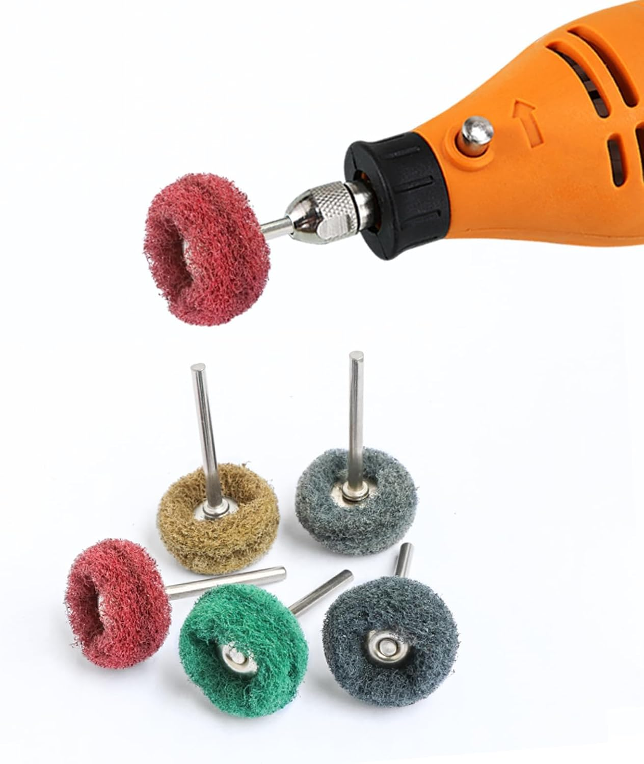 100Pcs 1" Abrasive Wheel Buffing Polishing Wheel Set for Rotary Tool, with 2.35Mm Shaft for Rust Removal Deburring Metal Polishing Red 320#