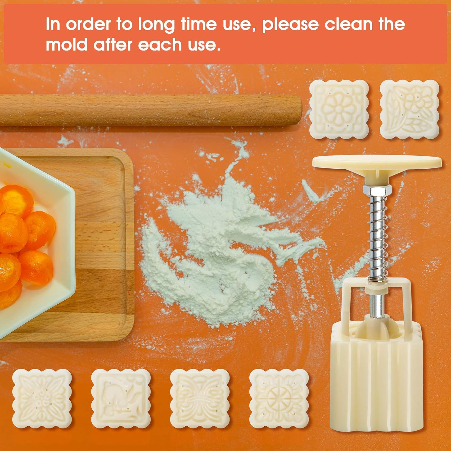 Luxiv Moon Cake Mould 50G, 12 PCS Pattern Hand-Pressure Mooncake Molds for Mid-Autumn DIY Pastry Tool 2 Sets with 6Pcs round Flower Mooncake Mode and 6 Pcs Square Pattern Mooncake Mould (White, 50G) image number 5