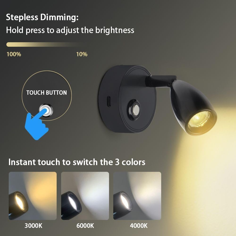 12V LED RV Reading Light with Dual Charging Ports, 3CCT Touch Control Dimmable12V Bedside Light Fixture Spotlight for Motor-House Camper Caravan Vehicle Vessel Boat Yacht (Silvery) image number 6