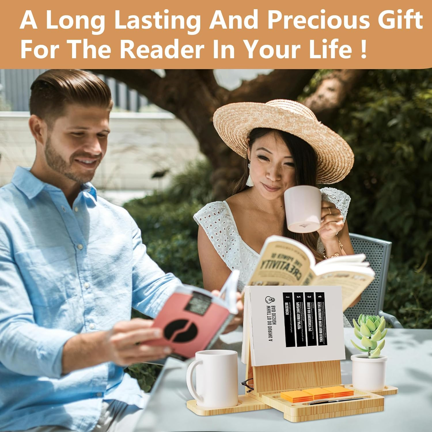 Triangle Book Holder Stand, Wooden Book Nook Reading Valet, Book Rest with Cup, Glasses & Pen Holder, YITOBA Book Display Stand for Reading in Bed, Coffee and Book Lovers (Yellow) image number 2