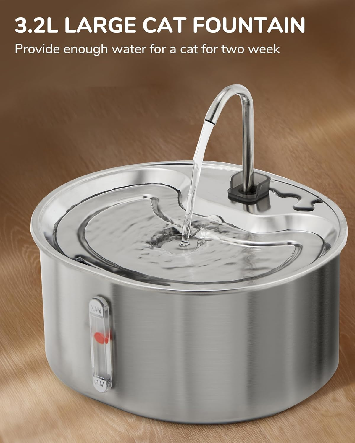 FUKUMARU Cat Water Fountain - Stainless Steel, 3.2L Cat Dispenser with Water Level Window, Low Decibel Indoor Cat Fountain for Small Dogs and Multiple Pets image number 6