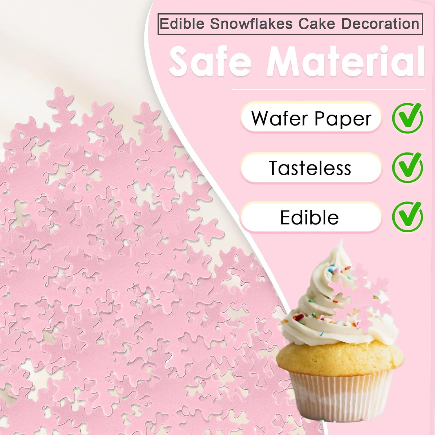 50Pcs Snowflake Cake Cupcake Topper, Edible Winter Frozen Snowflake Cake Decorations Edible Wafer Paper for Birthday Party Decor Supplies (Pink) image number 3