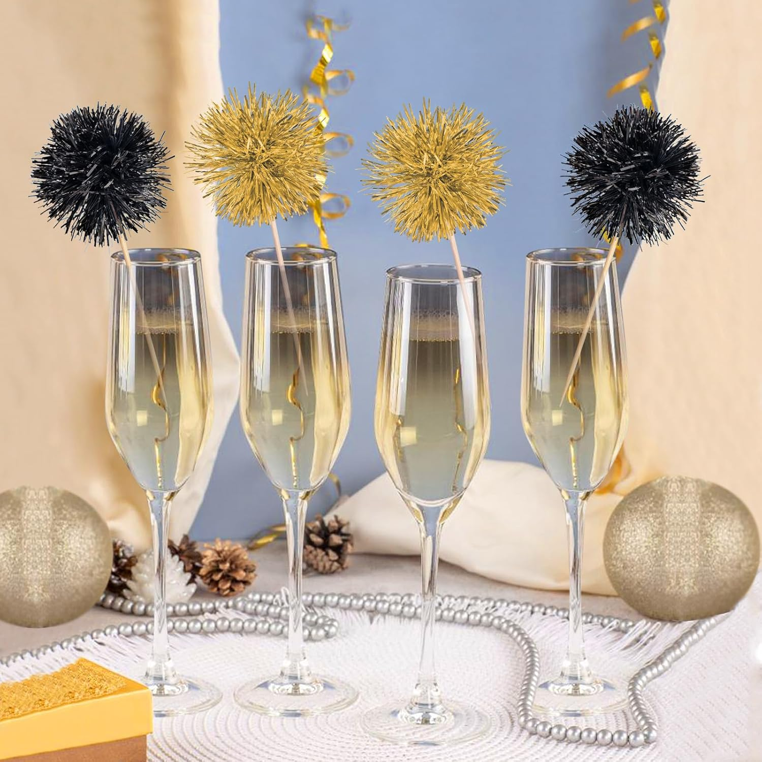 20 Pack Foil Firework Cupcake Toppers Party Birthday Cake Toppers Supplies Sparkle Tinsel Cocktail Fruit Toothpick for Birthday Wedding Graduation Party White+Pink