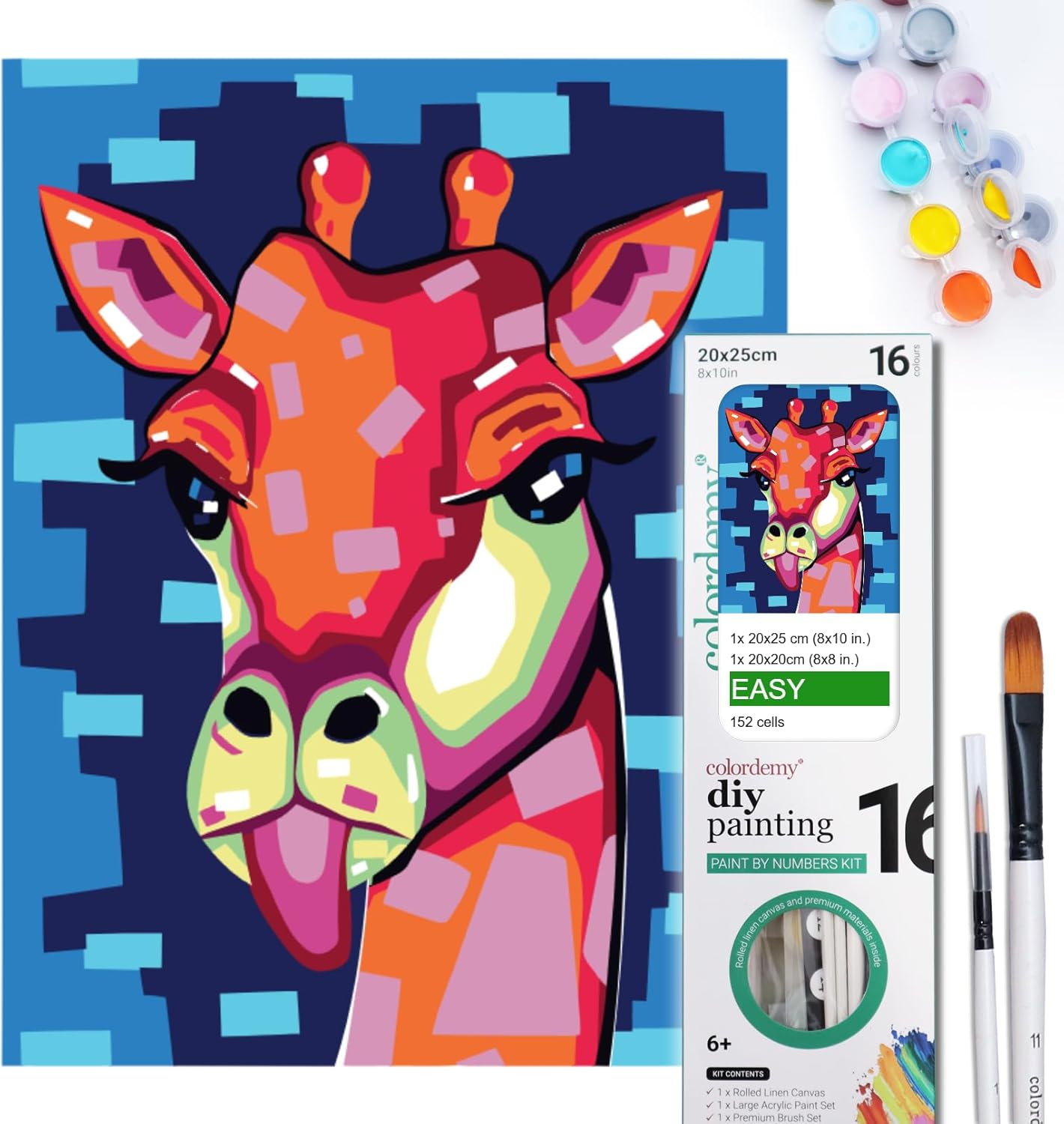 COLORDEMY 2-In-1 Paint by Numbers Kit - Rolled Canvases (20X25Cm & 20X20Cm), 16 Colours, Brushes & Paints Included - Fun for Adults & Kids, Perfect for Parties or Group Painting (Giraffe Design)