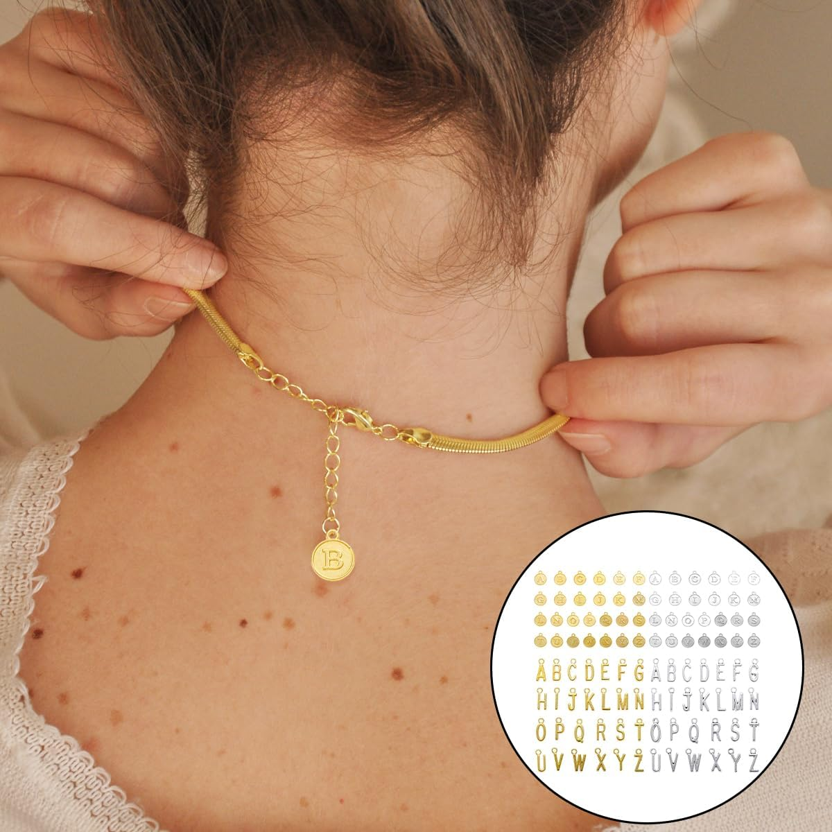 Round Letter Charms, 104 PCS Gold & Silver Double Sided Metal Letter Beads for Jewelry Making, DIY Crafting (12 X 15Mm)