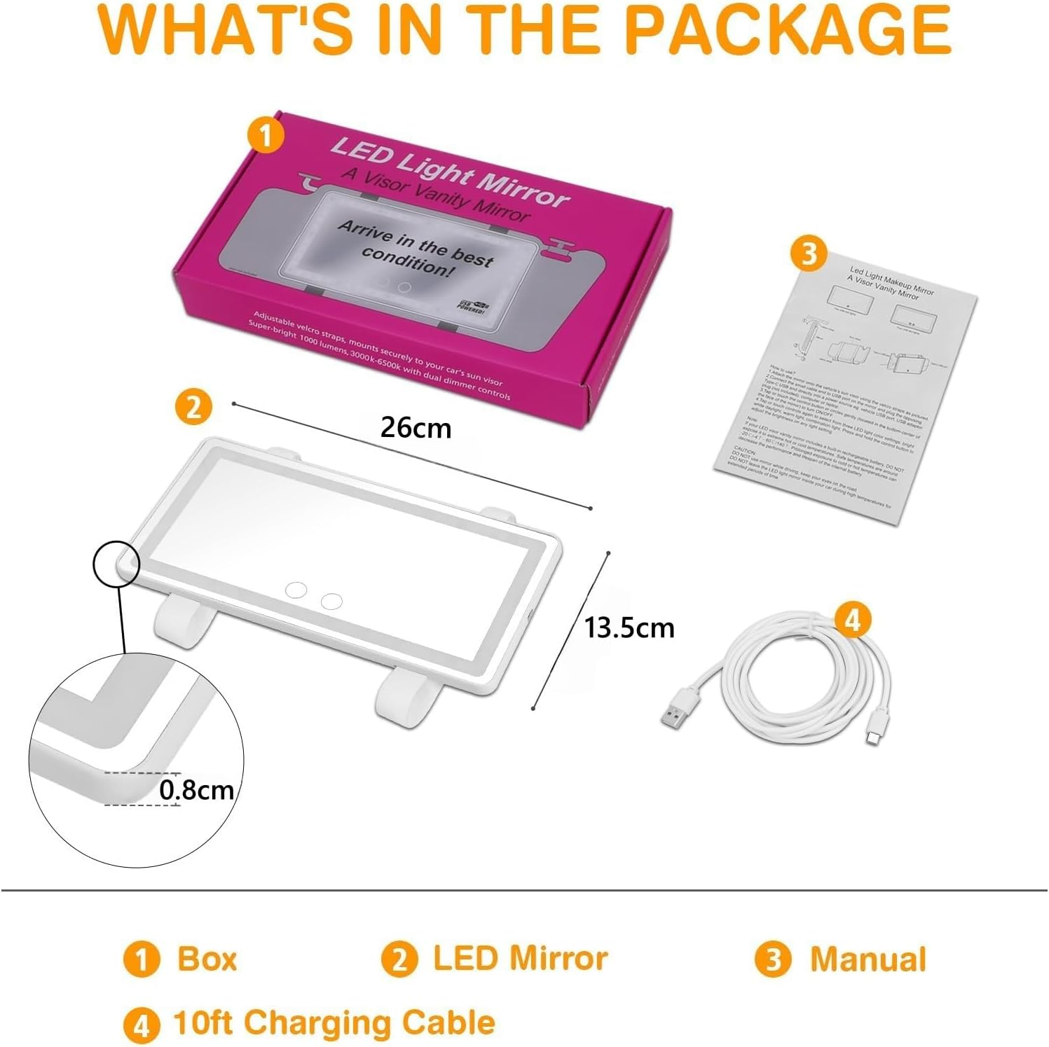 Rechargeable Car Vanity Mirror with LED Lights for Sun Visor &ndash; 3 Light Modes, Dimmable Touch Screen, Memory Function &ndash; Makeup Mirror for Car, SUV, Truck &ndash; Universal Fit (White)
