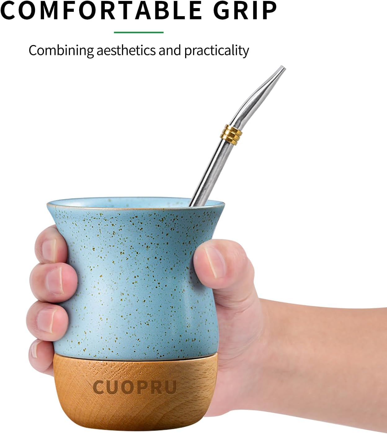8 OZ Ceramic Yerba Mate Cup with Original Wood Base, Includes Mate Gourd, Bombilla Straw and Cleaning Brush - Perfect for Traditional Yerba Mate and Modern Style Drinking Mug (White)