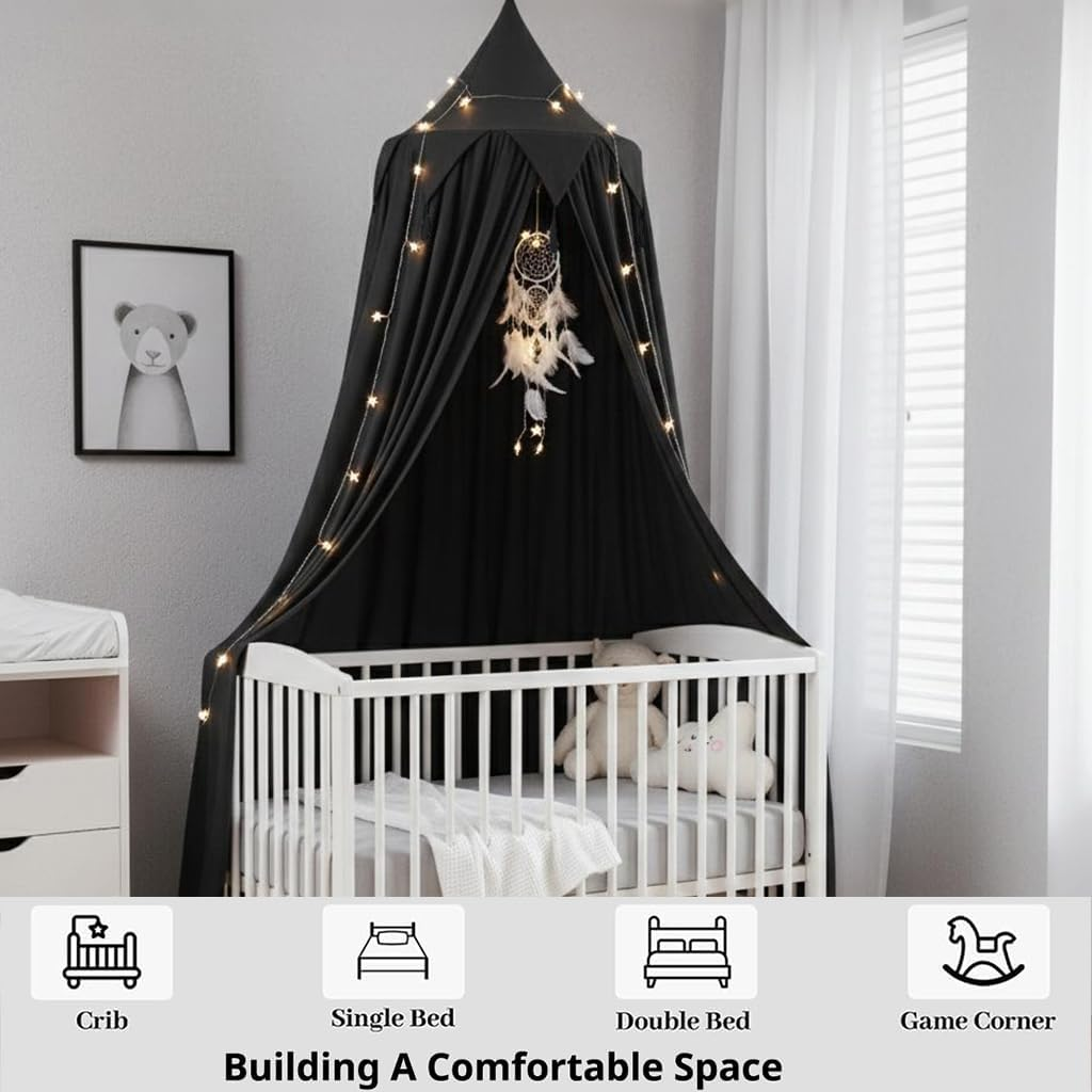 Akiky Bed Canopy for Kids Boys Baby Bed with Lights,Dream Catcher,Hanging Canopy for Indoor Outdoor Castle Canopy for Reading Nook House Decoration (Black) image number 4