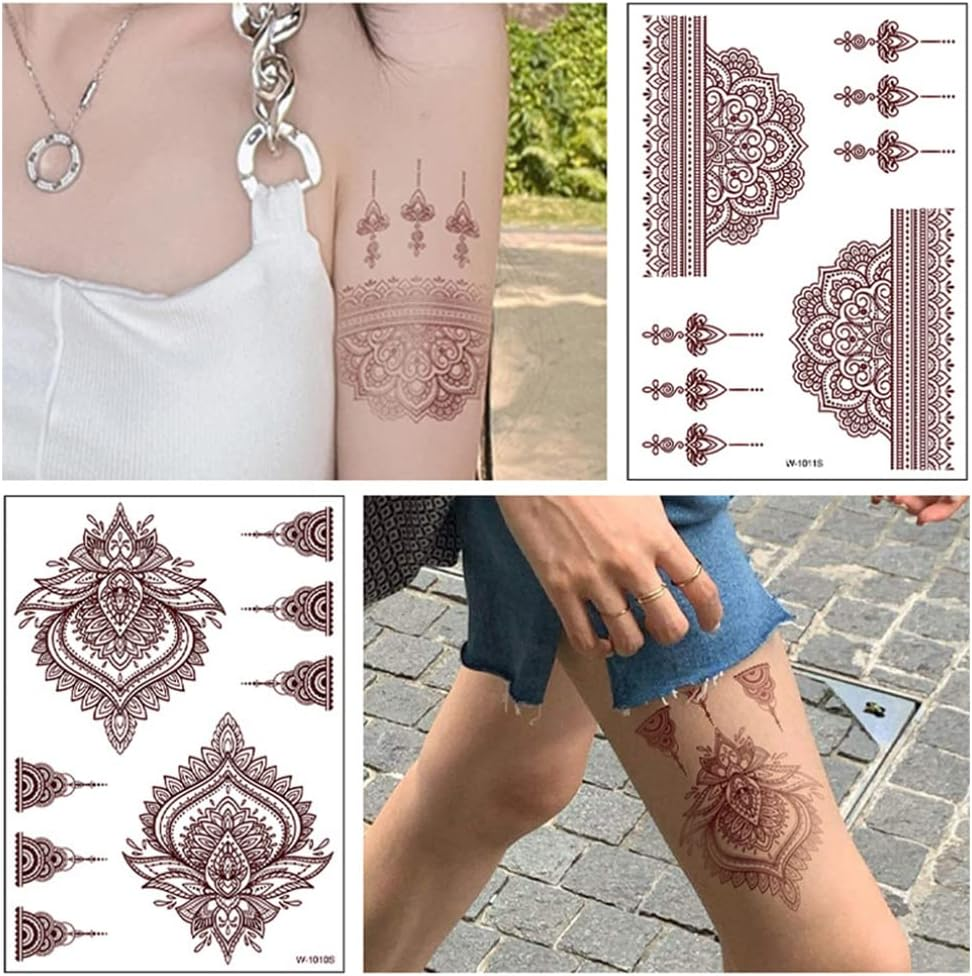 Temporary Tattoos, Henna Tattoos Brown Red Tattoos Sticker Lace Temporary Tattoos Waterproof Body Stickers for Women Girls Body Art 6Sheets image number 6