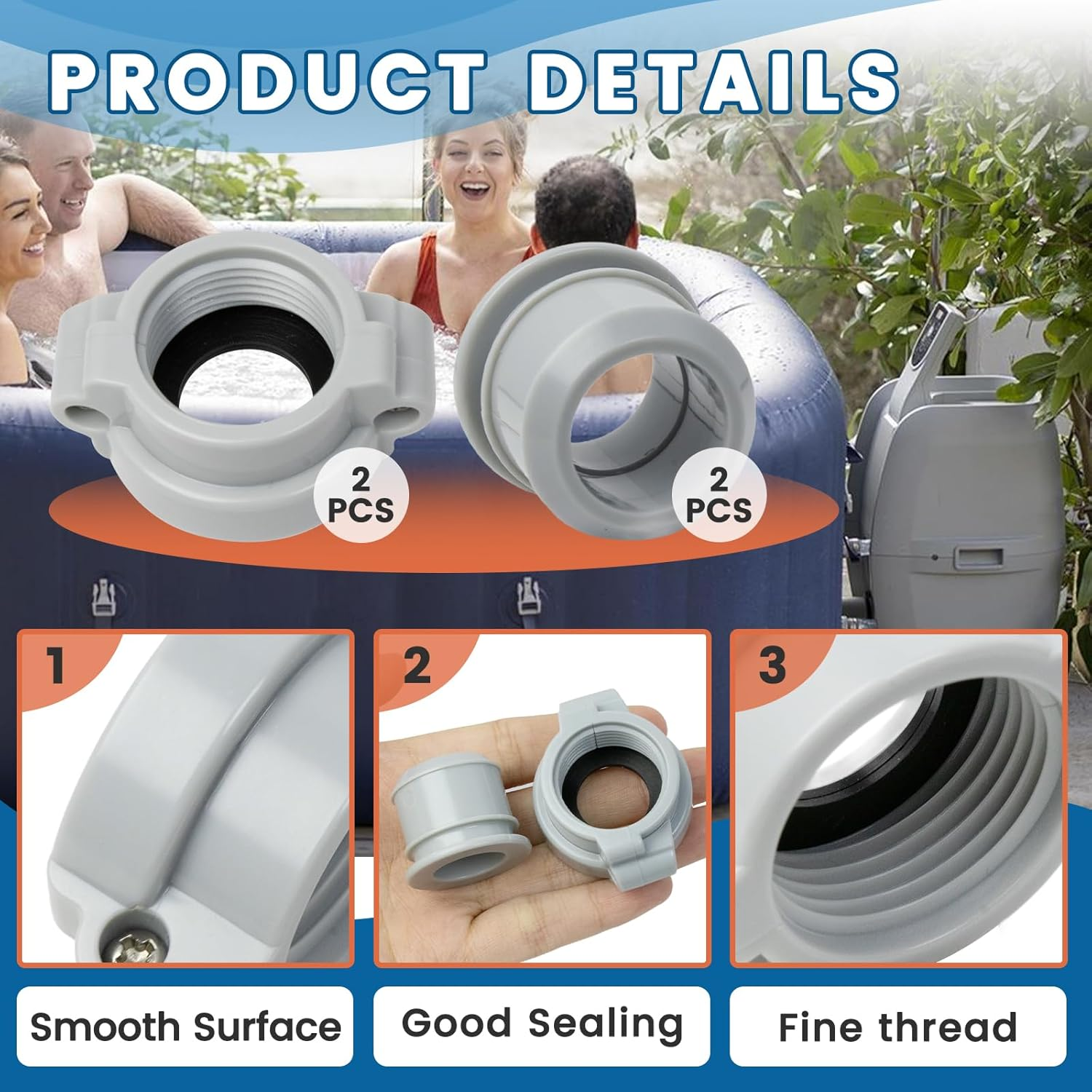 2-Pack Replacement Parts for Inflatable Pools - B/C Water Pipe with 2B/C Seals Gaskets Washers, Grey Coupling Screw Nut Connector and Nipple image number 2