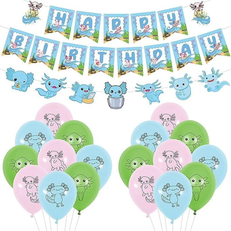 Cute Axolotl Birthday Party Supplies, Including Cake Caps, Cupcake Caps, Flags, Latex Balloons,It Is Very Suitable for Cute Axolotl Themed Birthday Party Supplies. image number 1