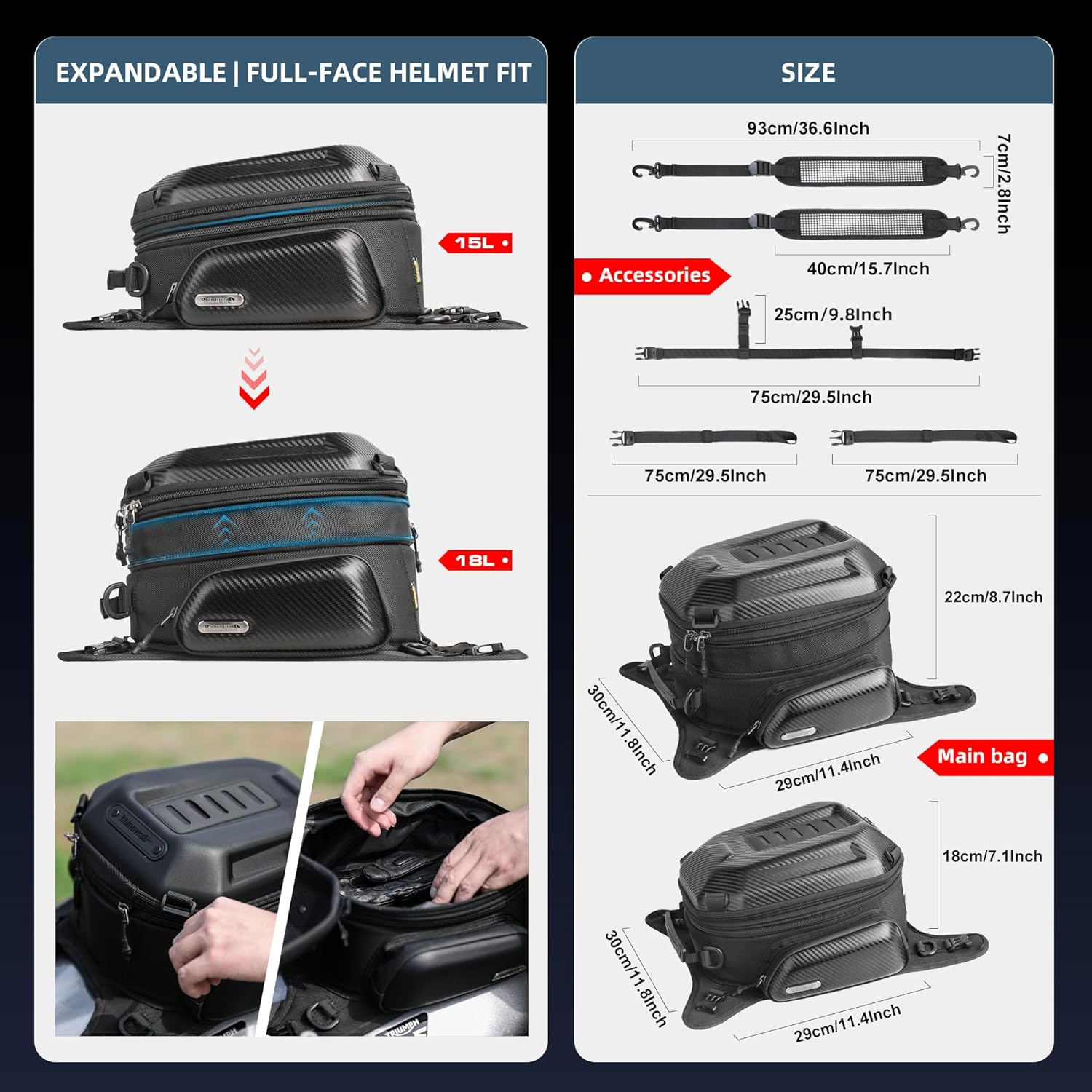 Rhinowalk Motorcycle Tank Bag Hard Shell Waterproof Expandable Motorcycle Seat Storage Bag 15-18L Motorbike Luggage Bag Backpack, YMTR3001KC, Carbon Black image number 3