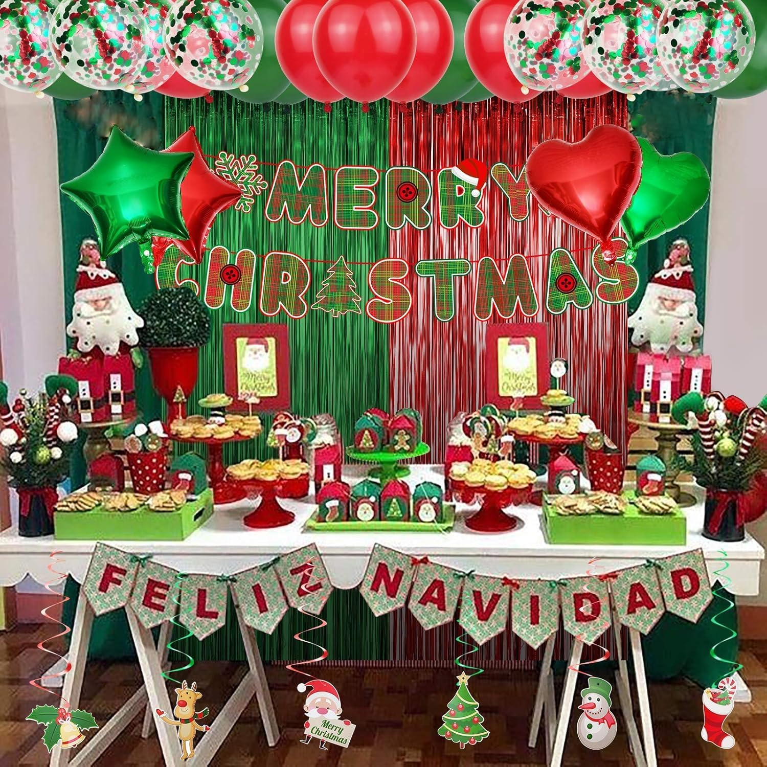 Party Decoration Supplies - Christmas Balloons, Merry Christmas Banner, Hanging Swirls, Red and Green Metallic Fringe Curtains for Holiday Decor - Green,Red image number 2