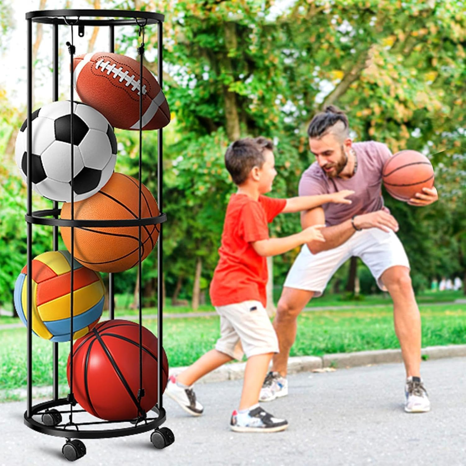 Garage Ball Storage Rack, Rolling Basketball Holder, Ball Cage Storage Rack for Basketball, Football, Volleyball, Space-Saving Sports Ball Storage Organizer for Garage & Home image number 1