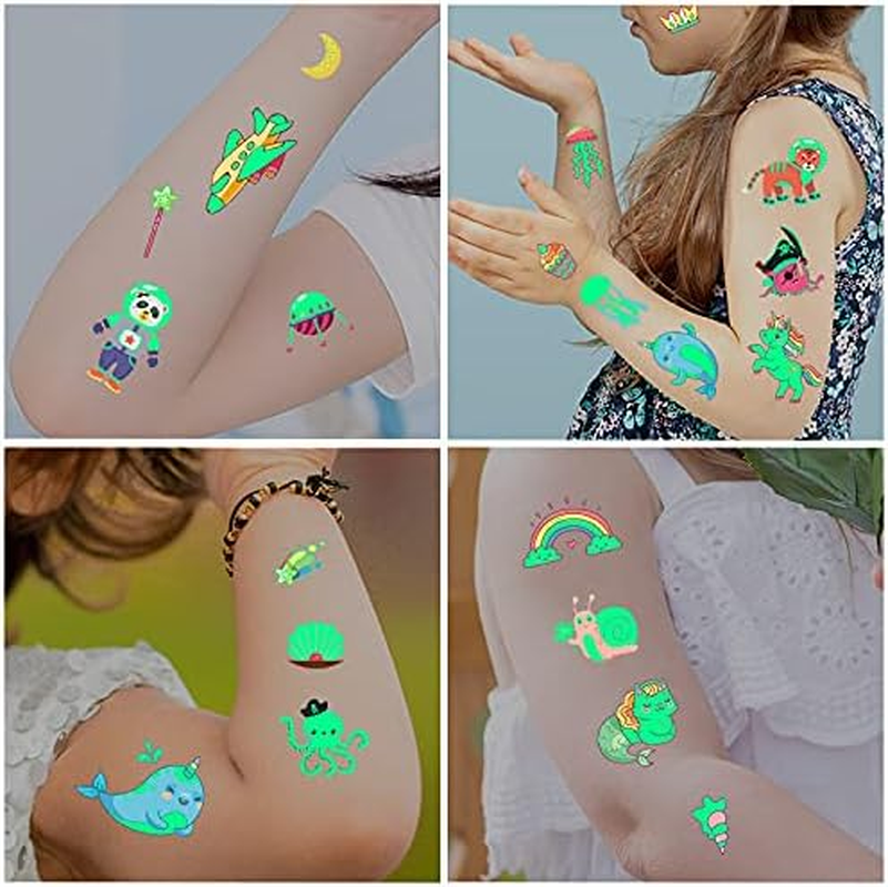 Temporary Tattoos for Kids, 260Pcs Glow in the Dark Mixed Style Cartoon Tattoo, Luminous Unicorn Mermaid Butterfly Animal Dinosaur Pirate Car Space Fake Tattoo, Boys Girls Party Favor Supplies image number 4