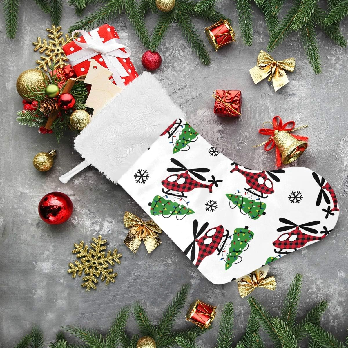 Eionryn Buffalo Plaid Christmas Helicopter Christmas Stockings Winter Snowflakes Xmas Tree Classic Personalized Large Stockings Xmas Character for Family Holiday Christmas Party Decorations 1 Pc 18 I image number 5