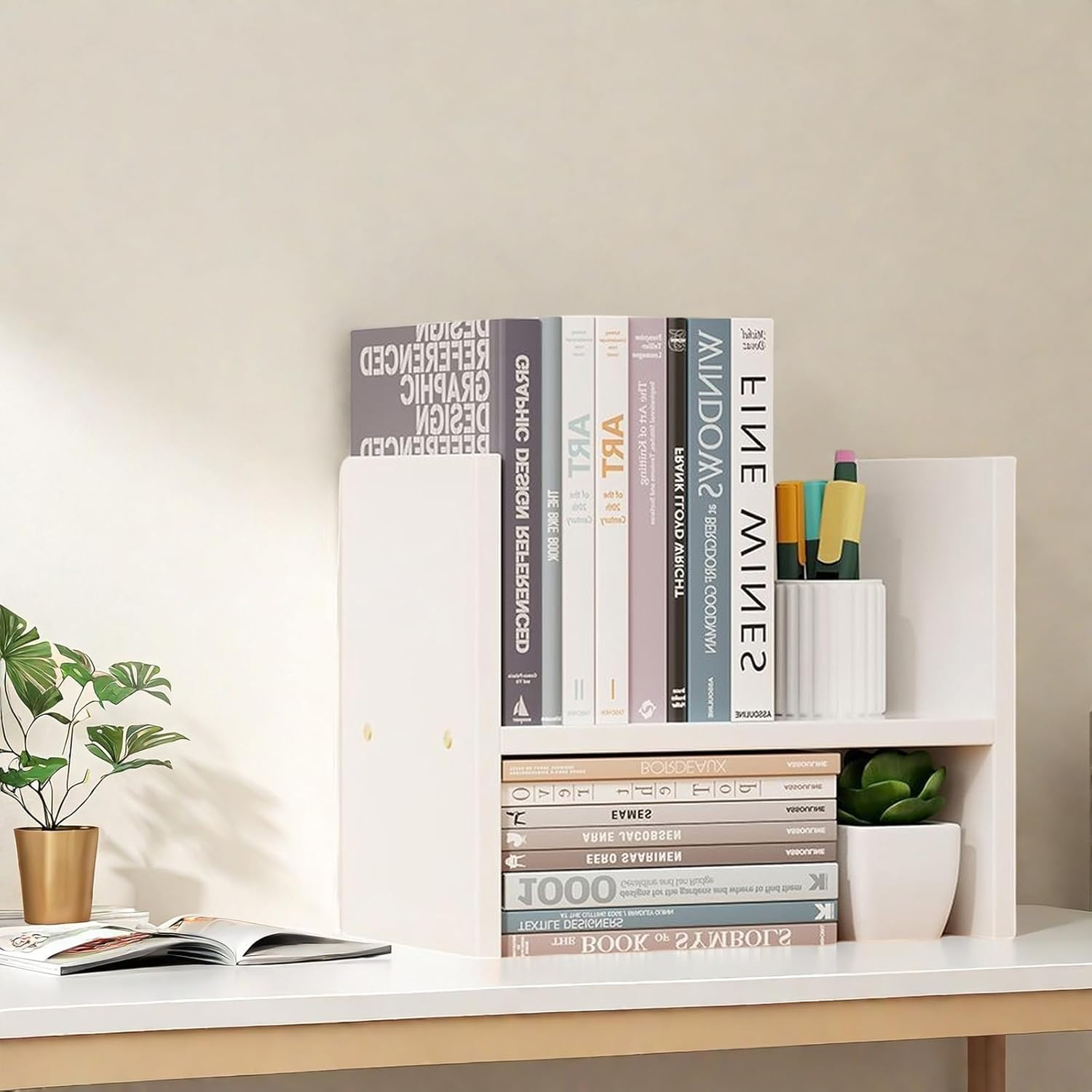 Desktop Organiser Wooden Bookshelf, Office Desk Display Shelf Unit, Book Storage Bookcase, Books Shelves A272 (White)