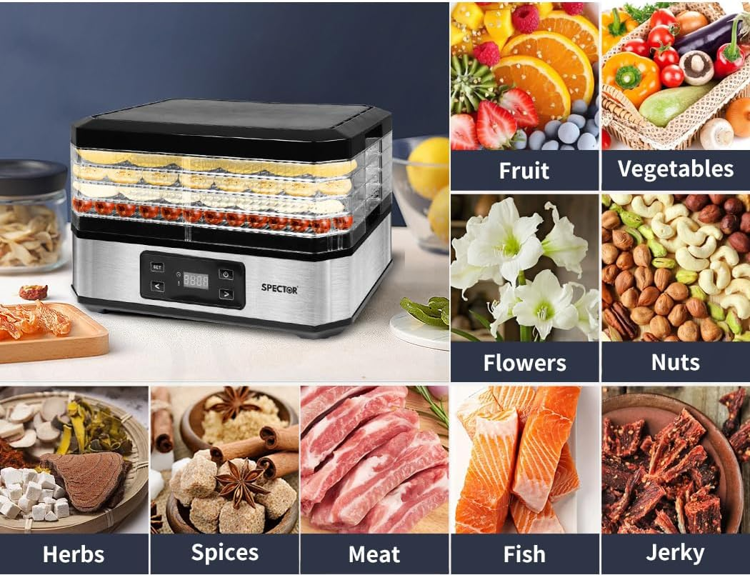 Spector Food Dehydrators,Food Dryer with 5 Removable Trays,40-70℃ Adjustable Temperature Controls for Jerky Yogurt Fruit Maker,48H Adjustable Timer, Lcd Touch Control,Silver image number 1