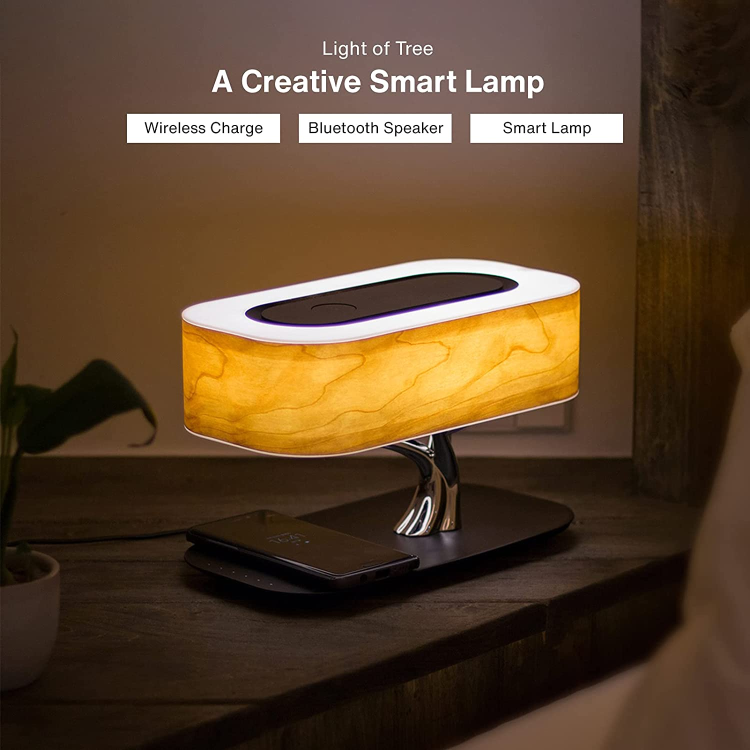 Masdio by Ampulla Bedside Lamp with Bluetooth Speaker and Wireless Charger, Sleep Mode Stepless Dimming