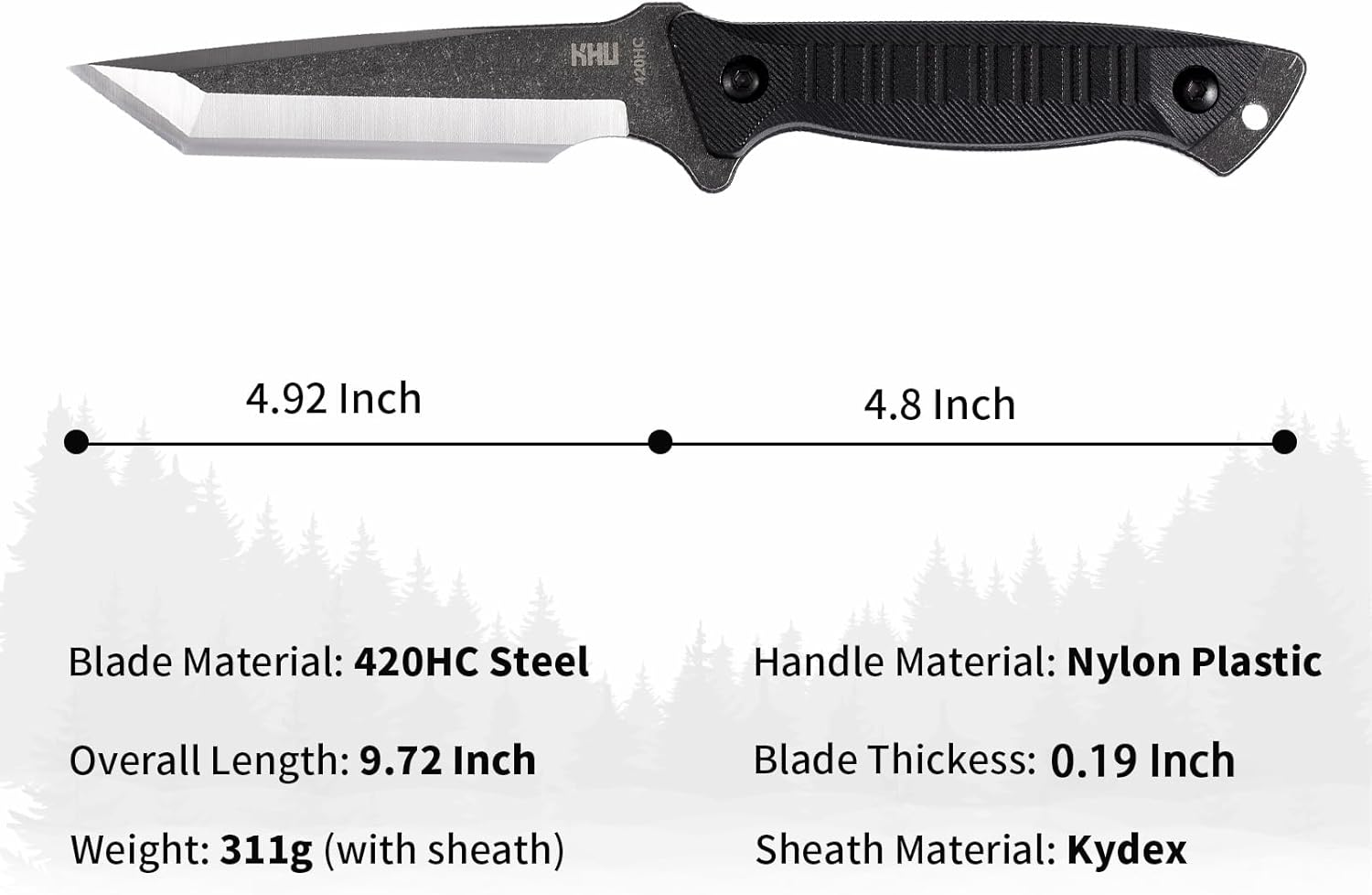 KHU Fixed Blade Knife Survival Knife Full Tang Outdoor Knife Bushcraft Knife - 420HC Steel Nylon Plastic Handle with Kydex Sheath - 03A